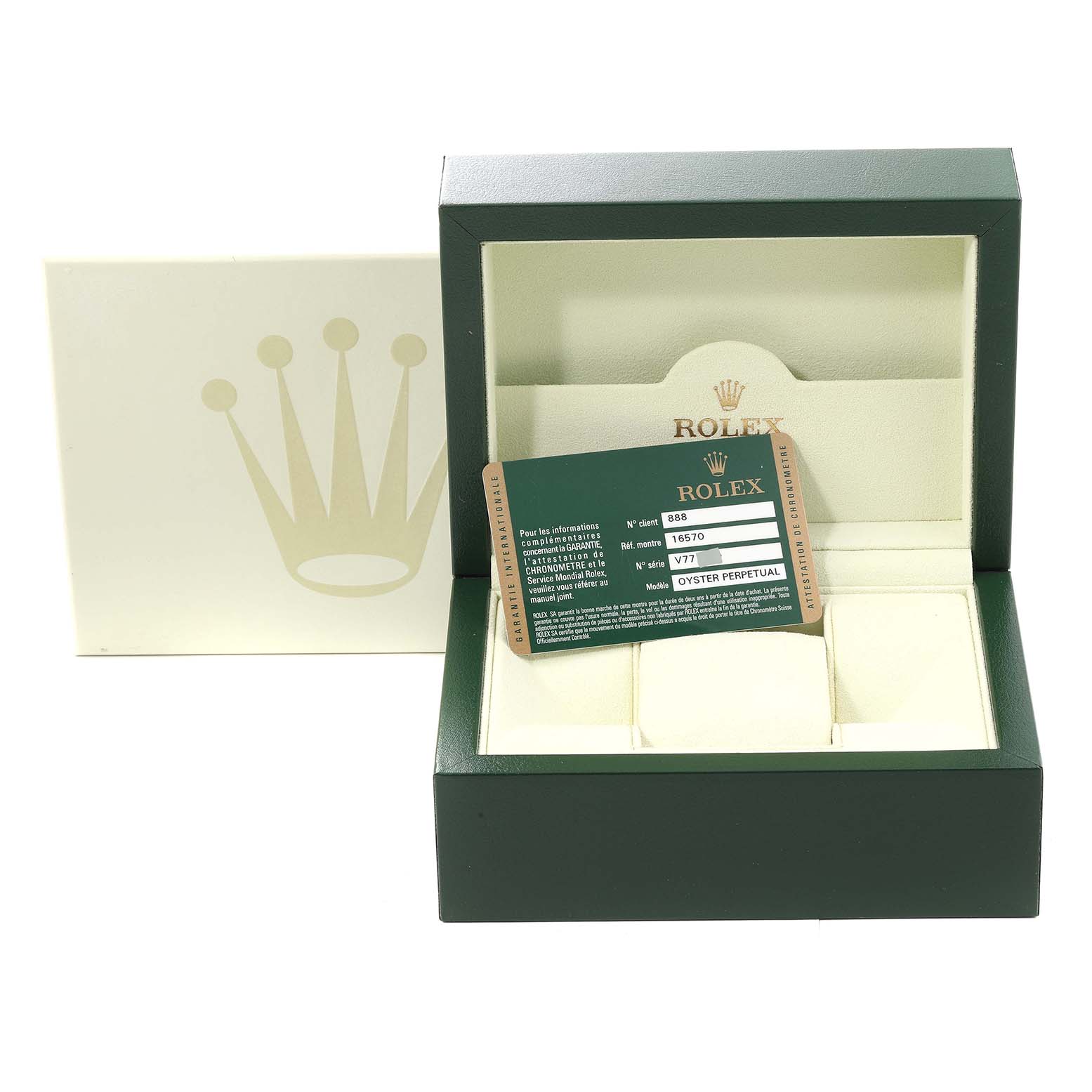 The image shows an empty Rolex Explorer 16570 Men
s Stainless Steel Black Dial 16570 Men
s Stainless Steel Black Dial watch box with a certificate card inside, not displaying the watch itself.