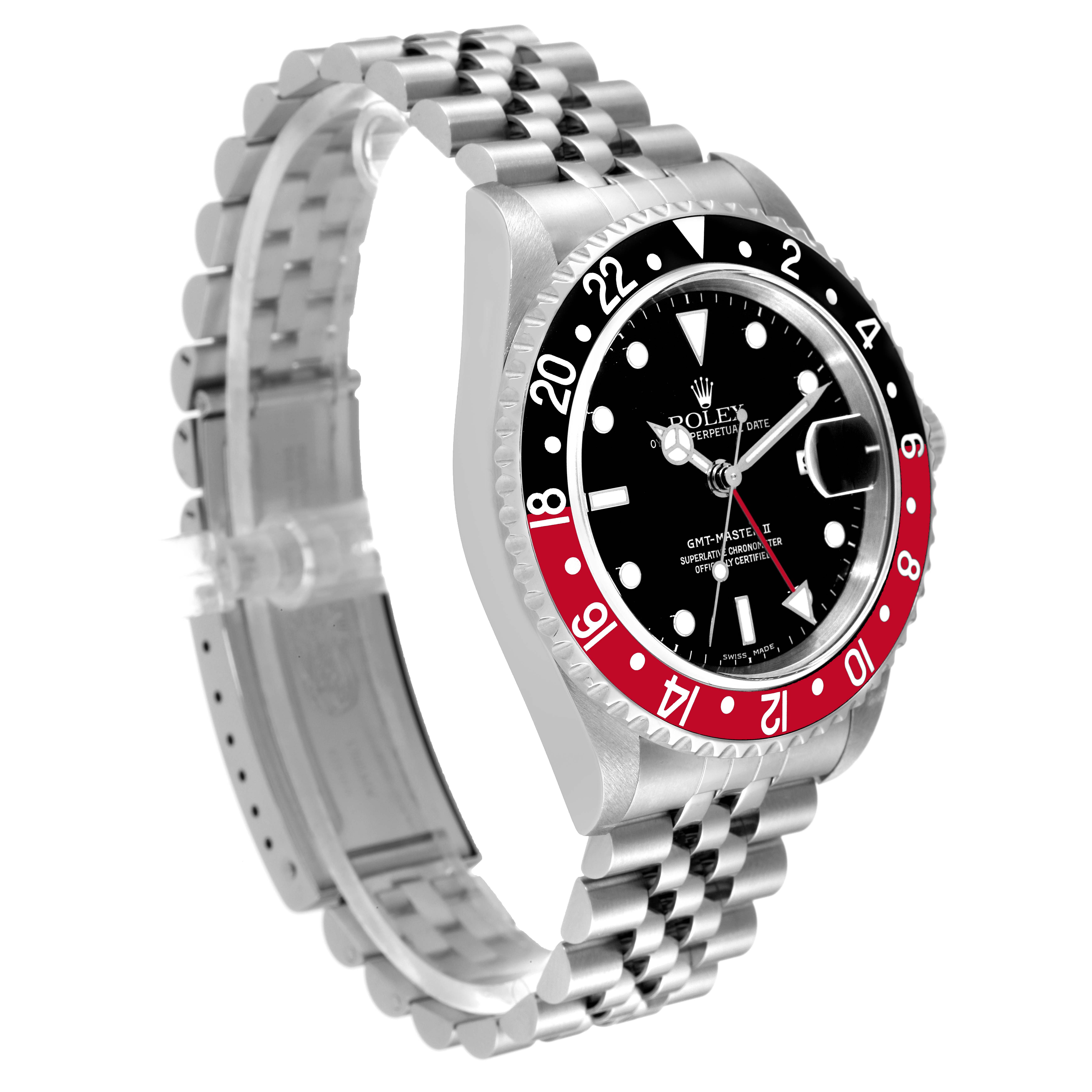 The GMT-Master Rolex watch is shown at an oblique angle highlighting its dual-tone bezel, black dial, and Jubilee bracelet.