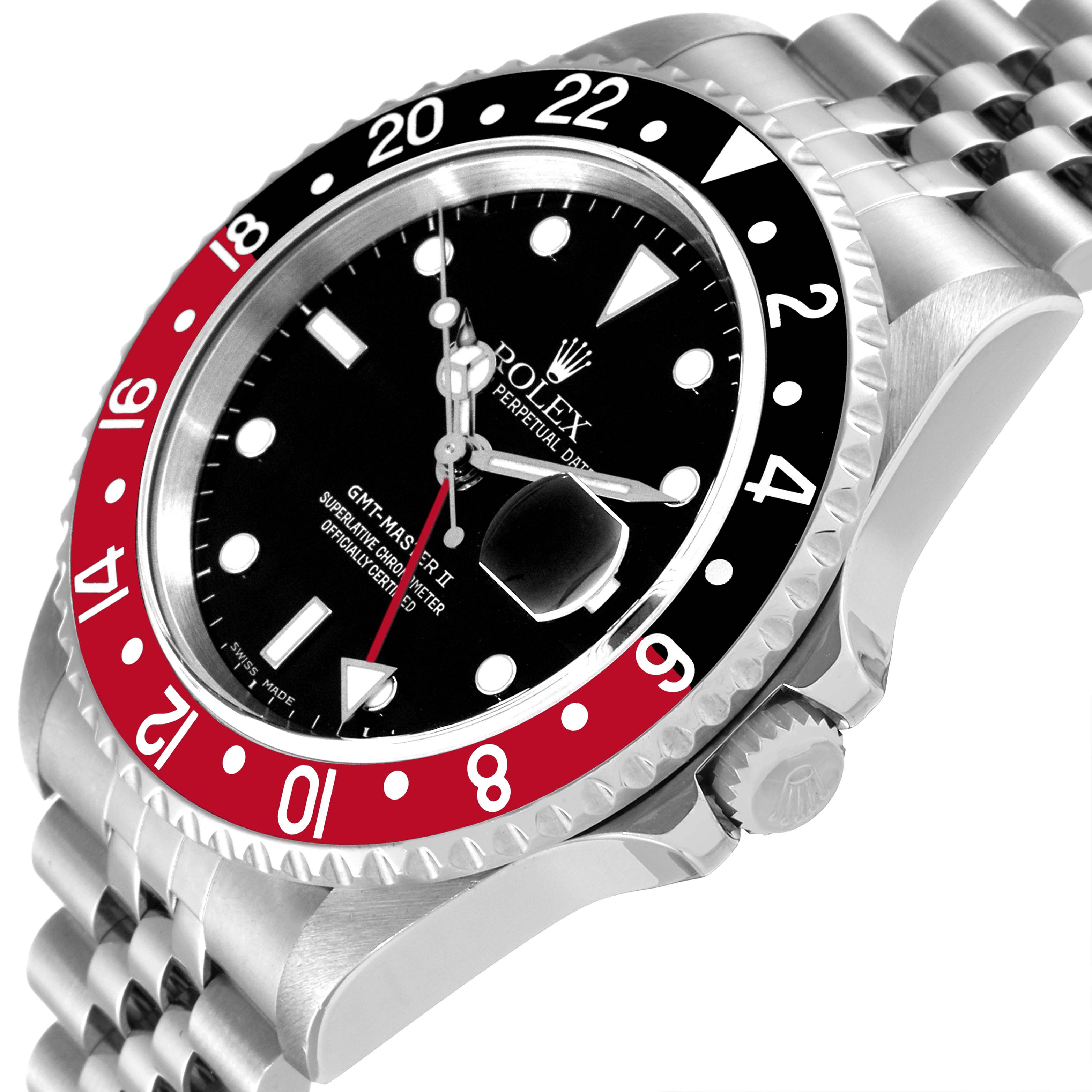 This is a close-up view of the Rolex GMT-Master 16710 Men
s Stainless Steel Black Dial 16710 Men
s Stainless Steel Black Dial II, showing the watch face, bezel, crown, and part of the bracelet.