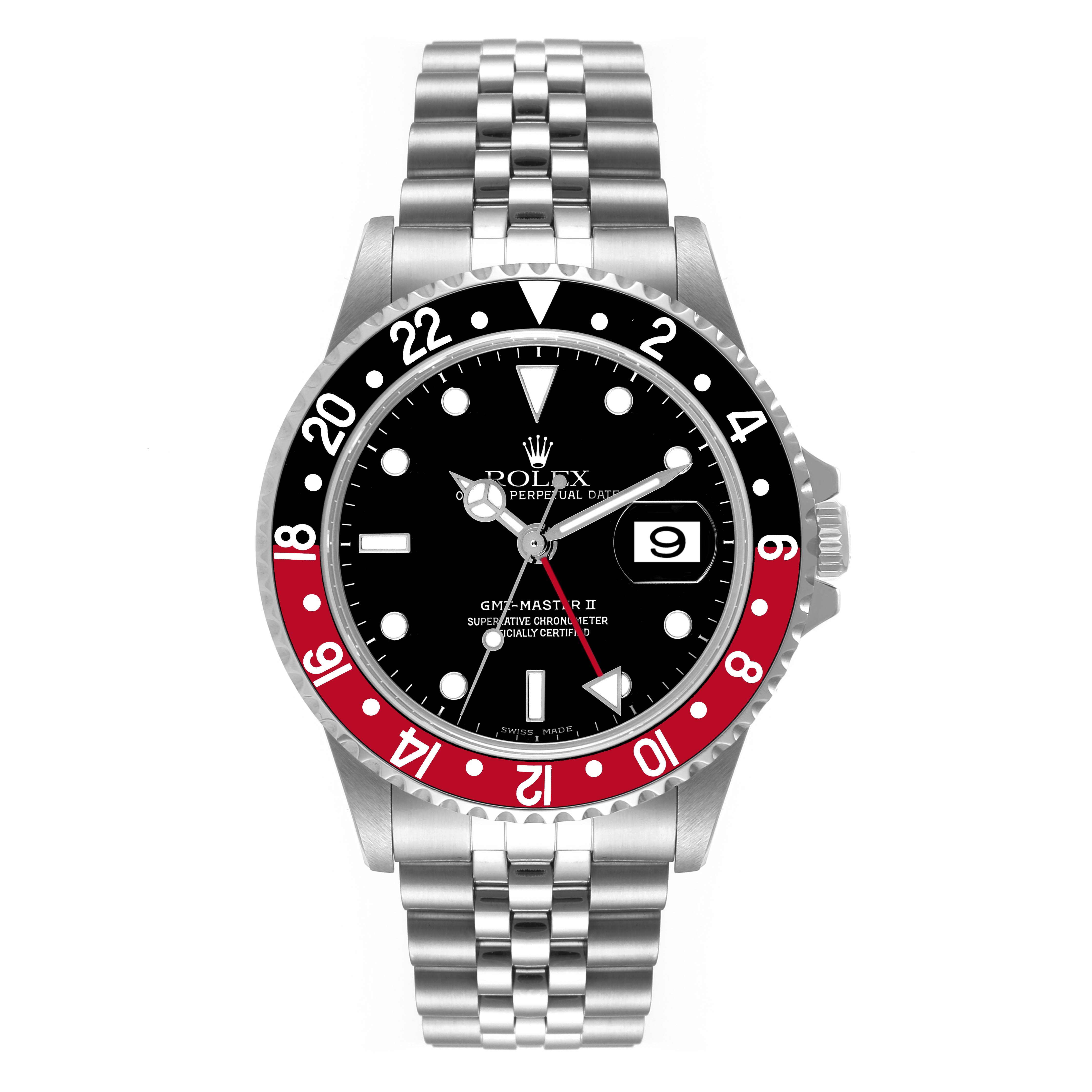 The image shows a front view of a Rolex GMT-Master 16710 Men
s Stainless Steel Black Dial 16710 Men
s Stainless Steel Black Dial II watch with a black and red bezel and a silver bracelet.