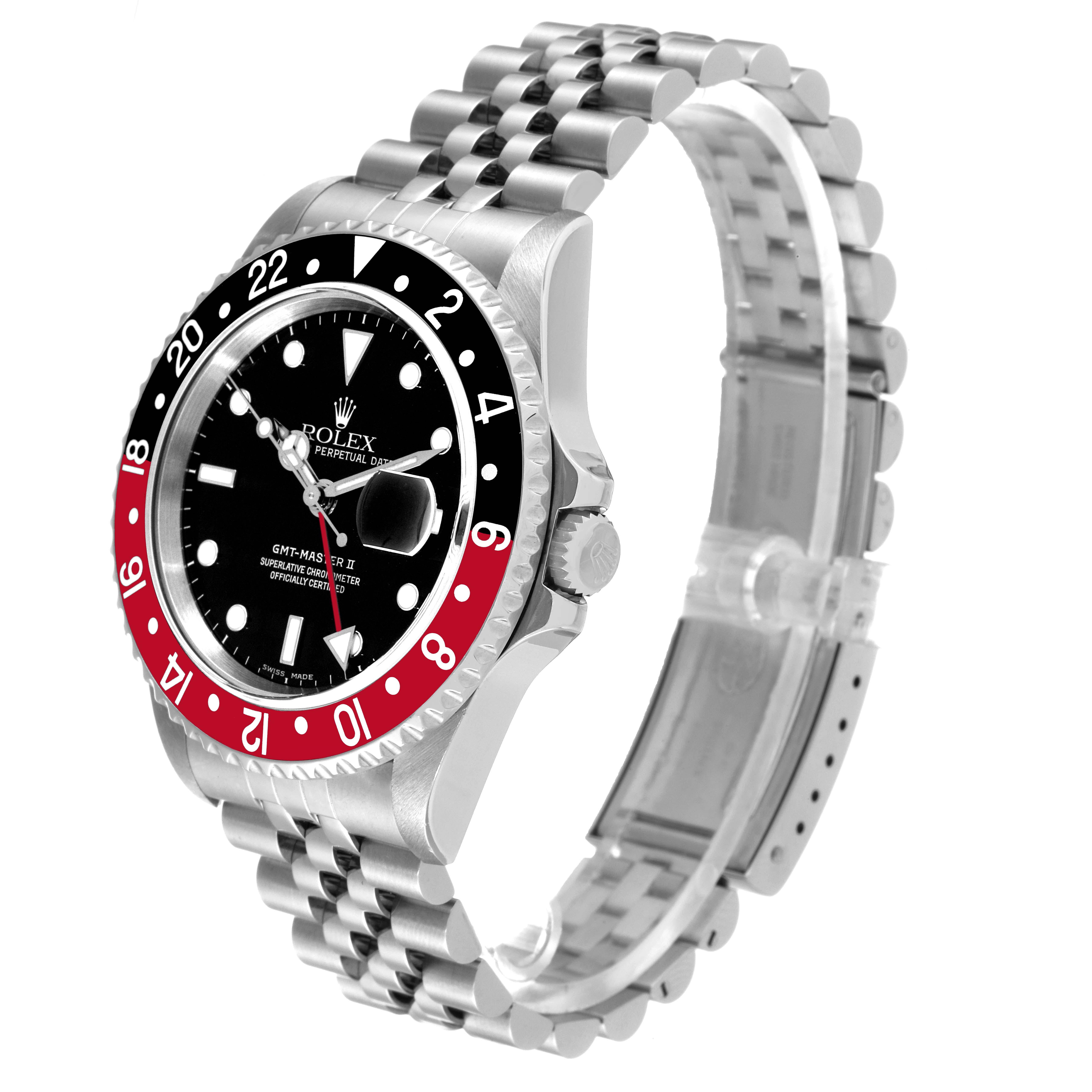 The Rolex GMT-Master 16710 Men
s Stainless Steel Black Dial 16710 Men
s Stainless Steel Black Dial II watch is shown at a three-quarter angle, displaying its face, bezel, and jubilee bracelet.