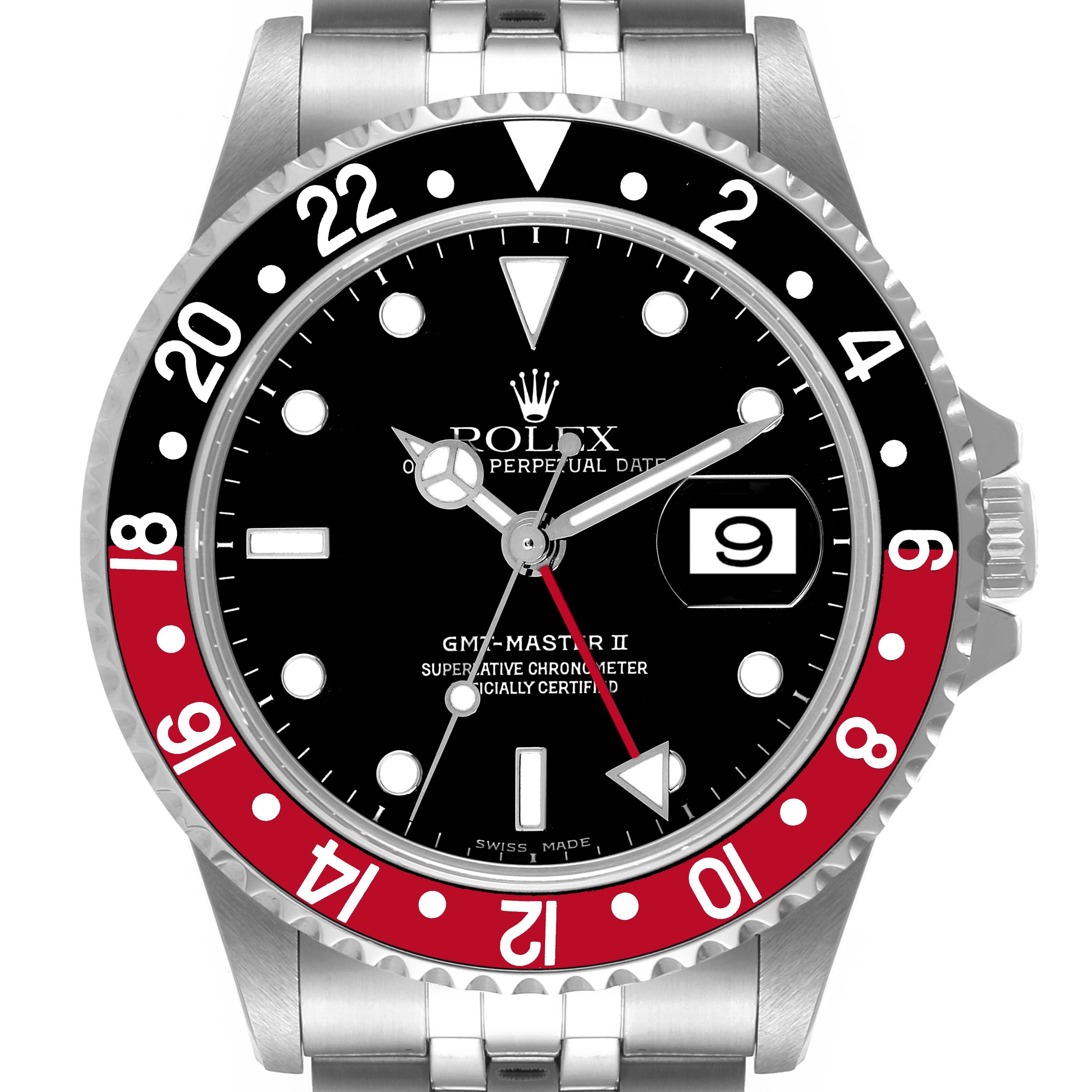 The image shows a frontal view of a Rolex GMT-Master 16710 Men
s Stainless Steel Black Dial 16710 Men
s Stainless Steel Black Dial II watch, highlighting its black and red bezel, dial, hands, and date window.