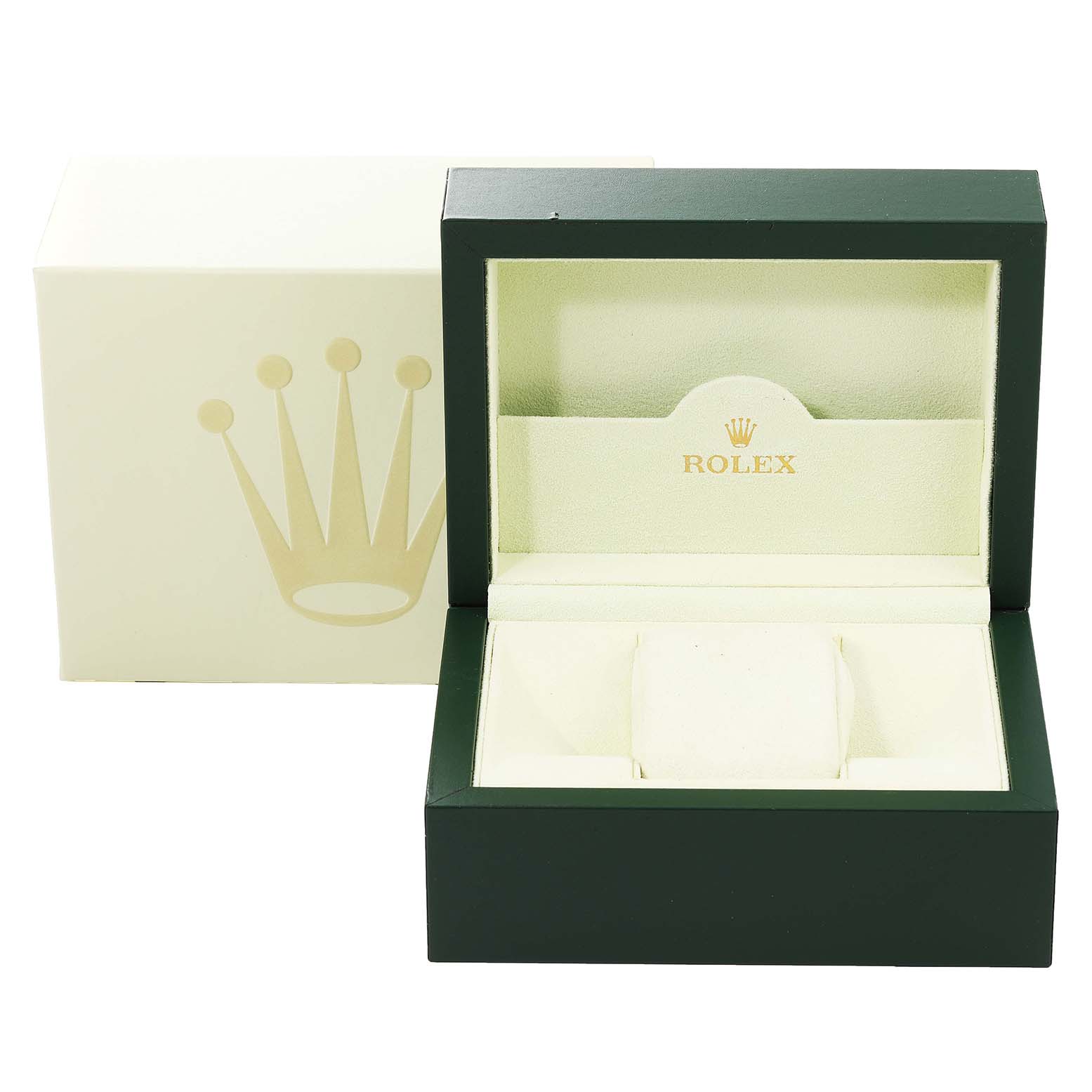 The image shows an open Rolex GMT-Master 16710 Men
s Stainless Steel Black Dial 16710 Men
s Stainless Steel Black Dial watch box at a frontal angle, revealing its green and beige interior.