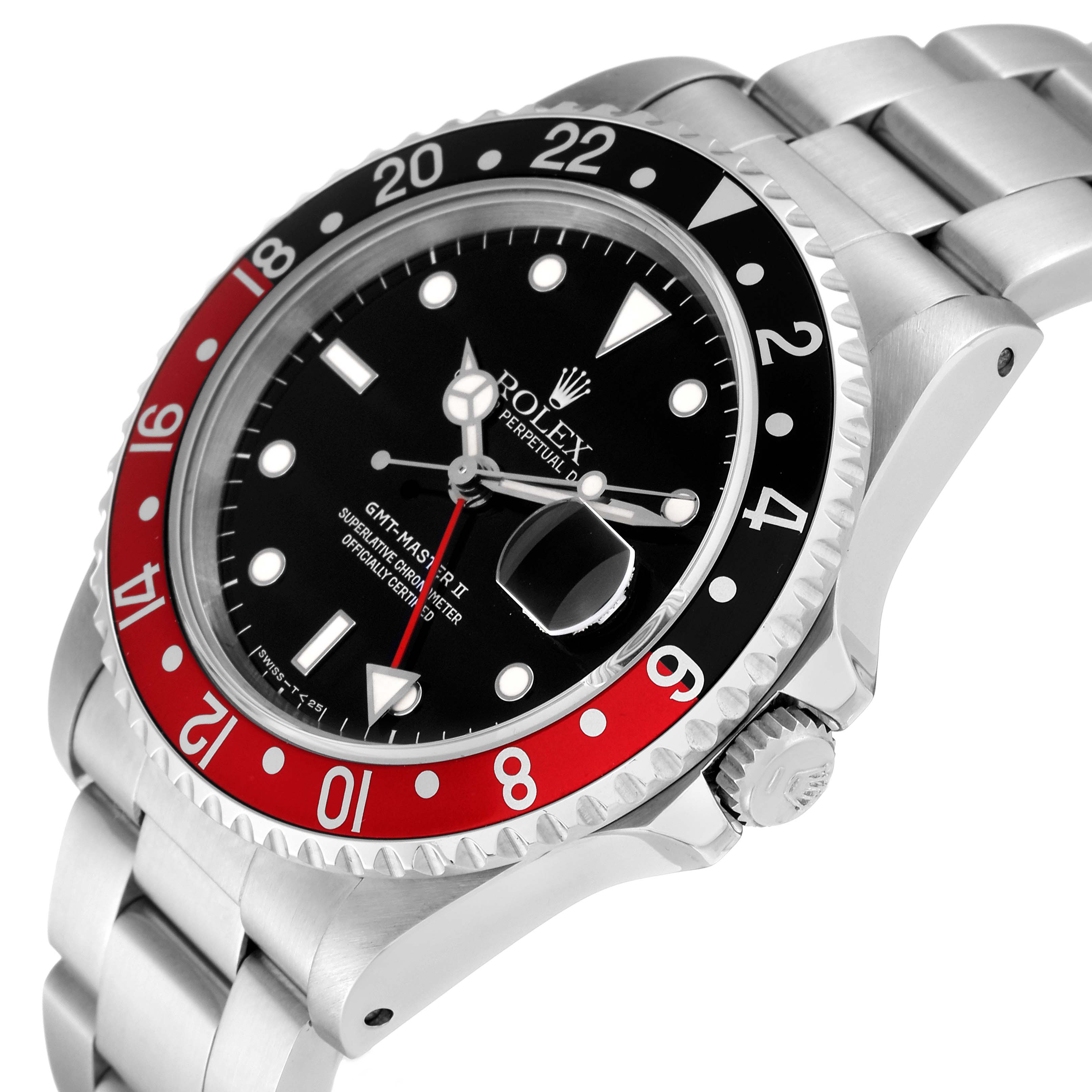 The image shows a side-angle view of the Rolex GMT-Master 16710 Men
s Stainless Steel Black Dial 16710 Men
s Stainless Steel Black Dial II, highlighting the bezel, dial, crown, and bracelet.