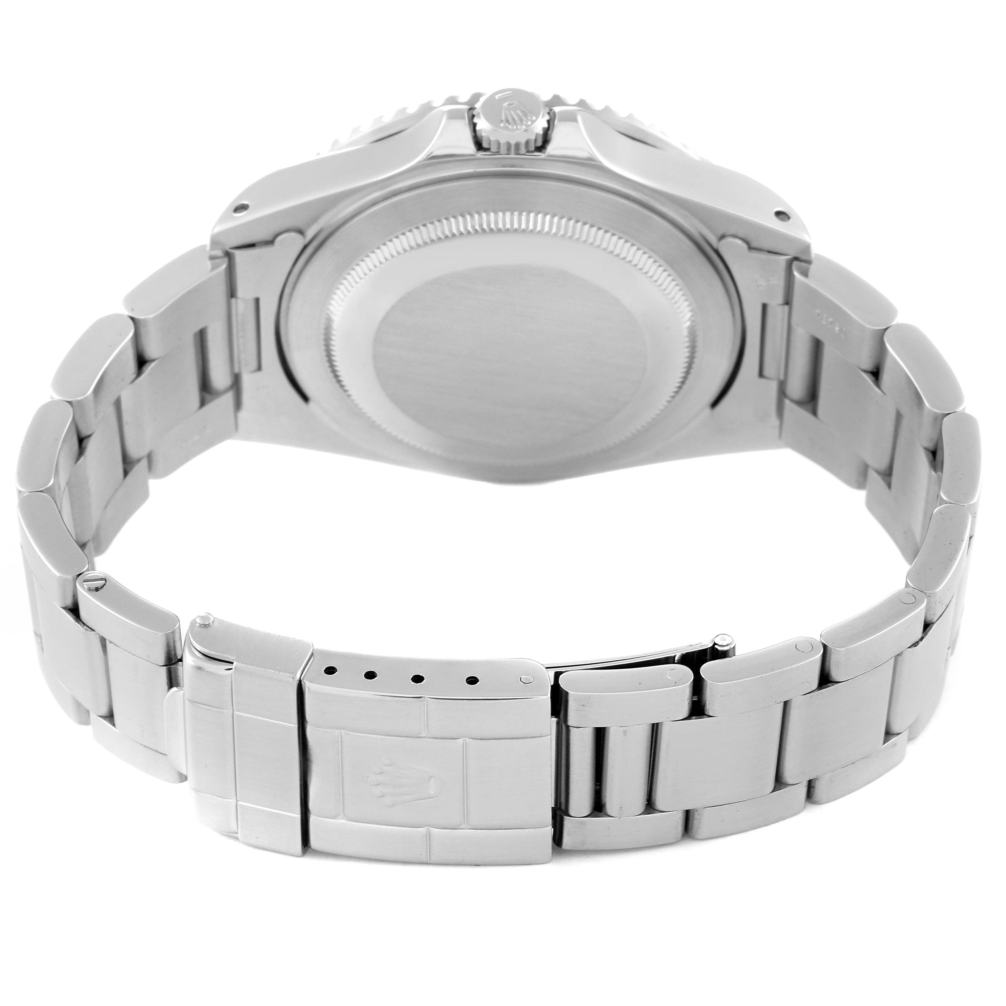 This image shows the back view of the Rolex GMT-Master 16710 Men
s Stainless Steel Black Dial 16710 Men
s Stainless Steel Black Dial watch, focusing on the case back and bracelet.