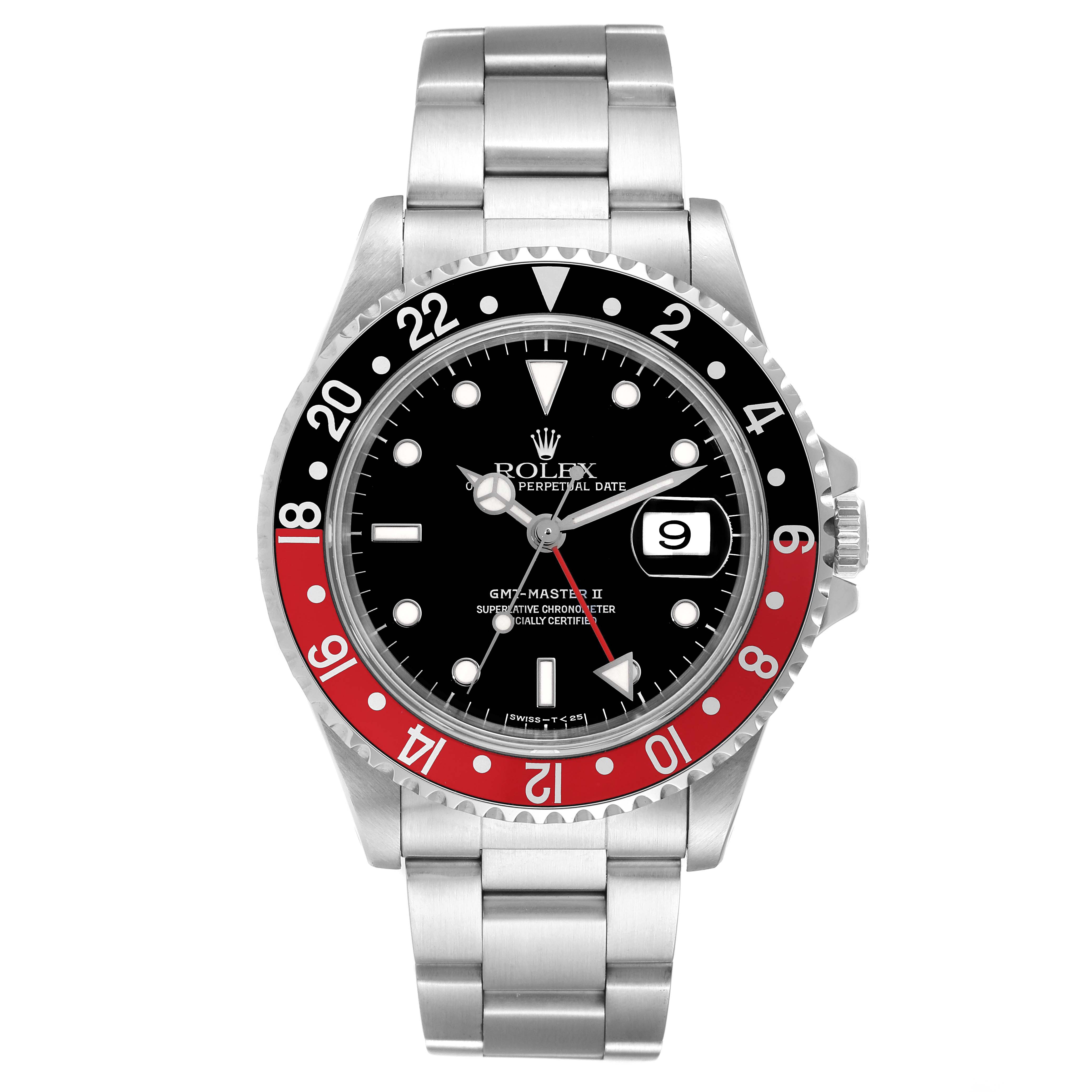 The image shows a front view of the Rolex GMT-Master 16710 Men
s Stainless Steel Black Dial 16710 Men
s Stainless Steel Black Dial II watch, highlighting its dial, bezel, and bracelet.