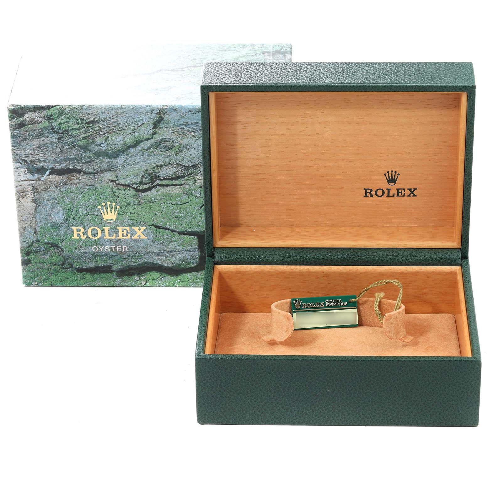 This image shows the open packaging box for a Rolex GMT-Master 16710 Men
s Stainless Steel Black Dial 16710 Men
s Stainless Steel Black Dial watch, including an outer box and an inner tag.