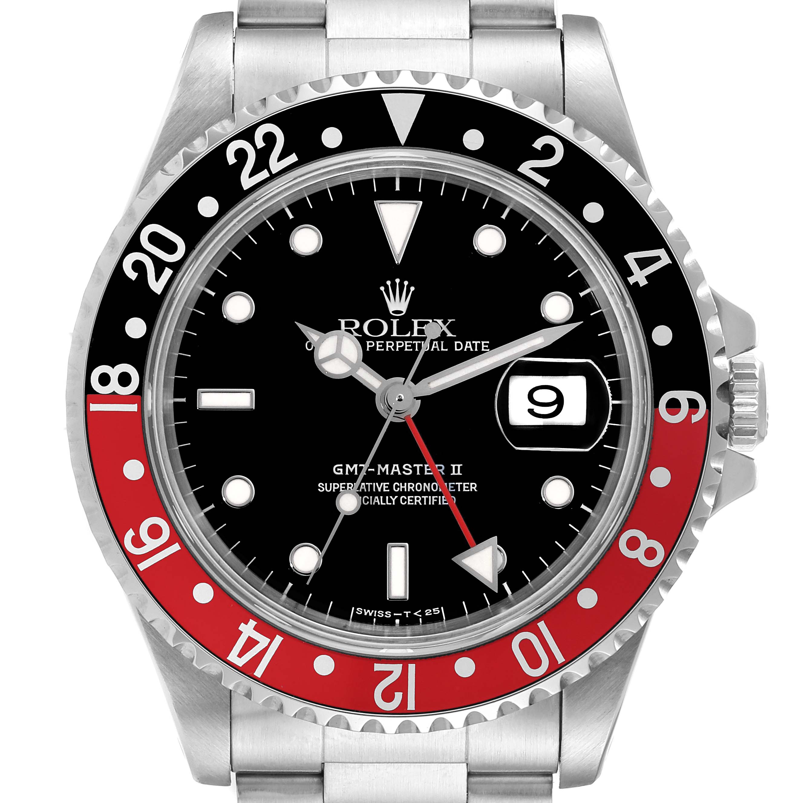 The image shows a front view of a Rolex GMT-Master 16710 Men
s Stainless Steel Black Dial 16710 Men
s Stainless Steel Black Dial II watch, highlighting its dial, bezel, and date display.
