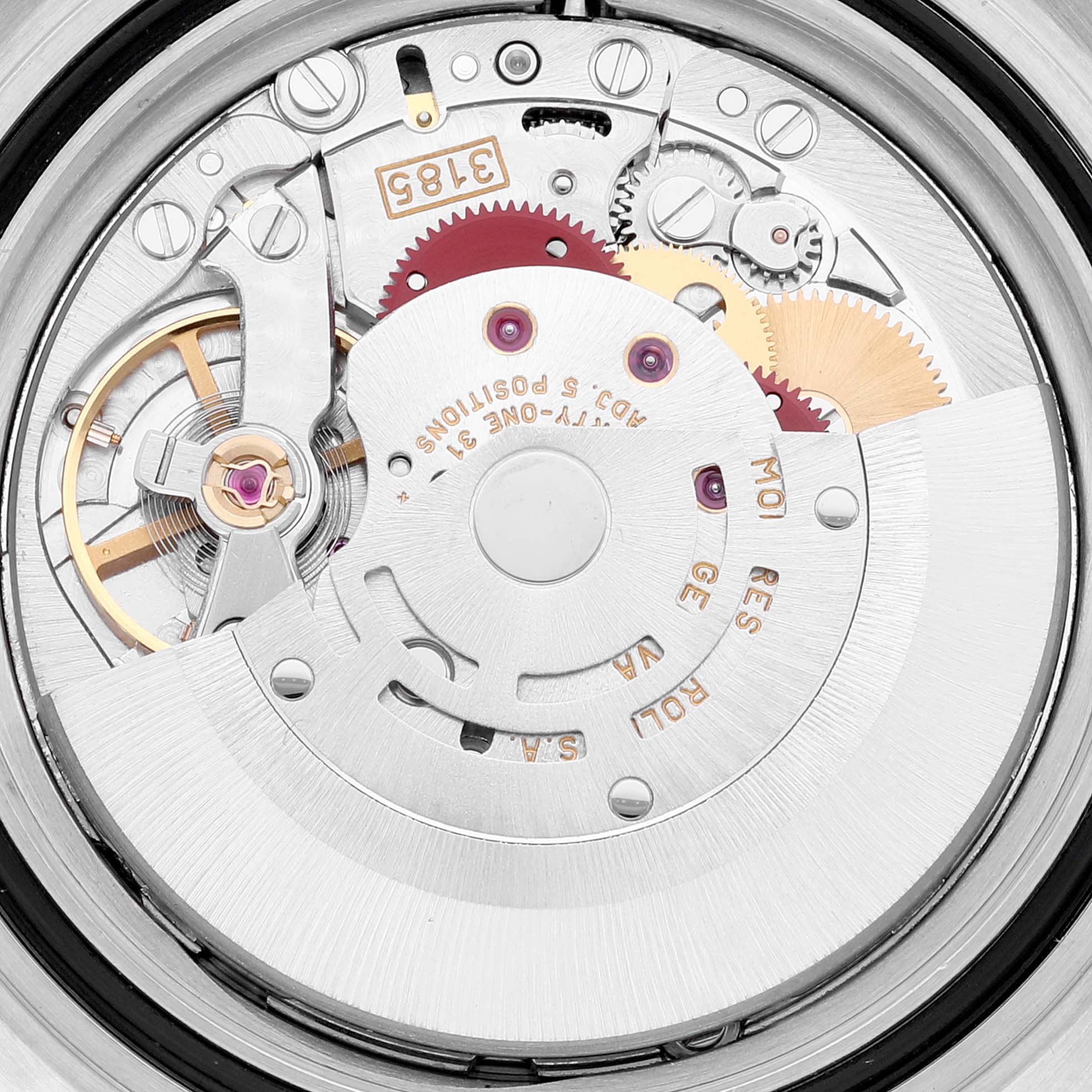 The image shows the internal mechanism of a Rolex GMT-Master 16710 Men's Stainless Steel Black Dial 16710 Men's Stainless Steel Black Dial, viewed from the back, featuring gears and the balance wheel.