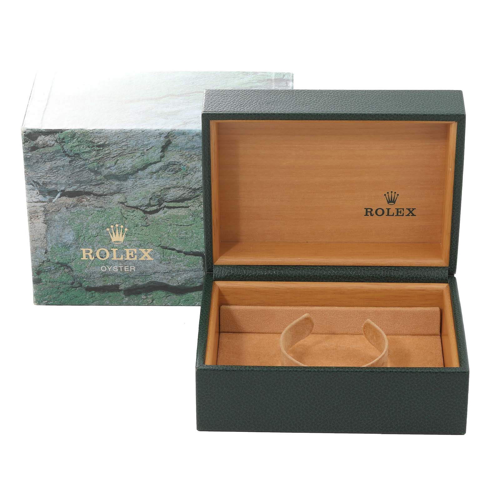 This image shows a green Rolex GMT-Master 16710 Men's Stainless Steel Black Dial 16710 Men's Stainless Steel Black Dial watch box, open, with its green outer box.