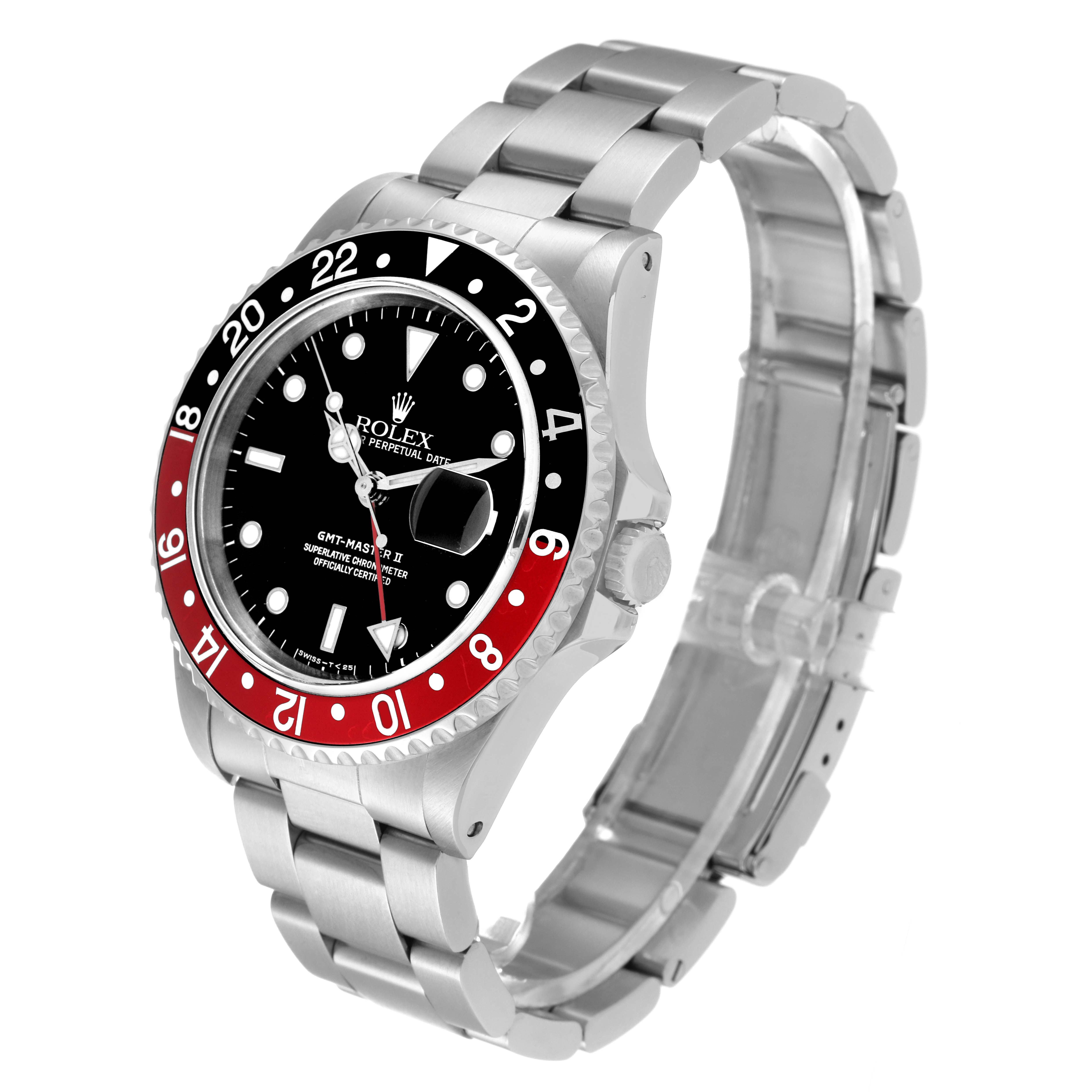 The image shows a side angle of the Rolex GMT-Master 16710 Men's Stainless Steel Black Dial 16710 Men's Stainless Steel Black Dial II, highlighting its face, bezel, and metal bracelet.