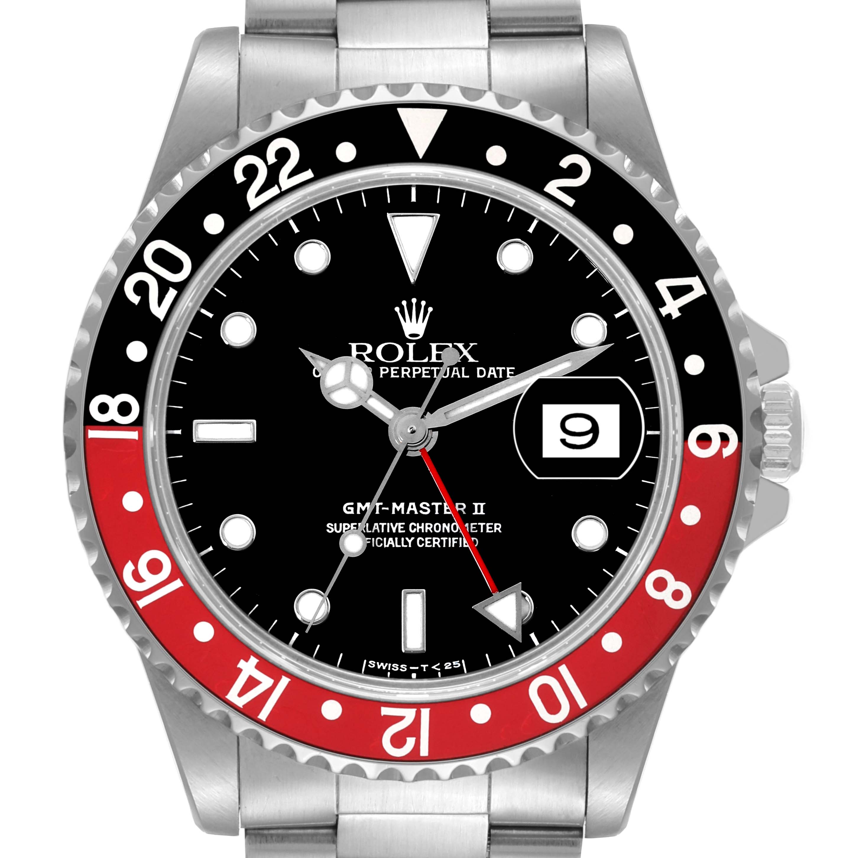 The image shows a front view of a Rolex GMT-Master 16710 Men's Stainless Steel Black Dial 16710 Men's Stainless Steel Black Dial II watch, featuring a black-and-red bezel, black dial, and date window at 3 o'clock.