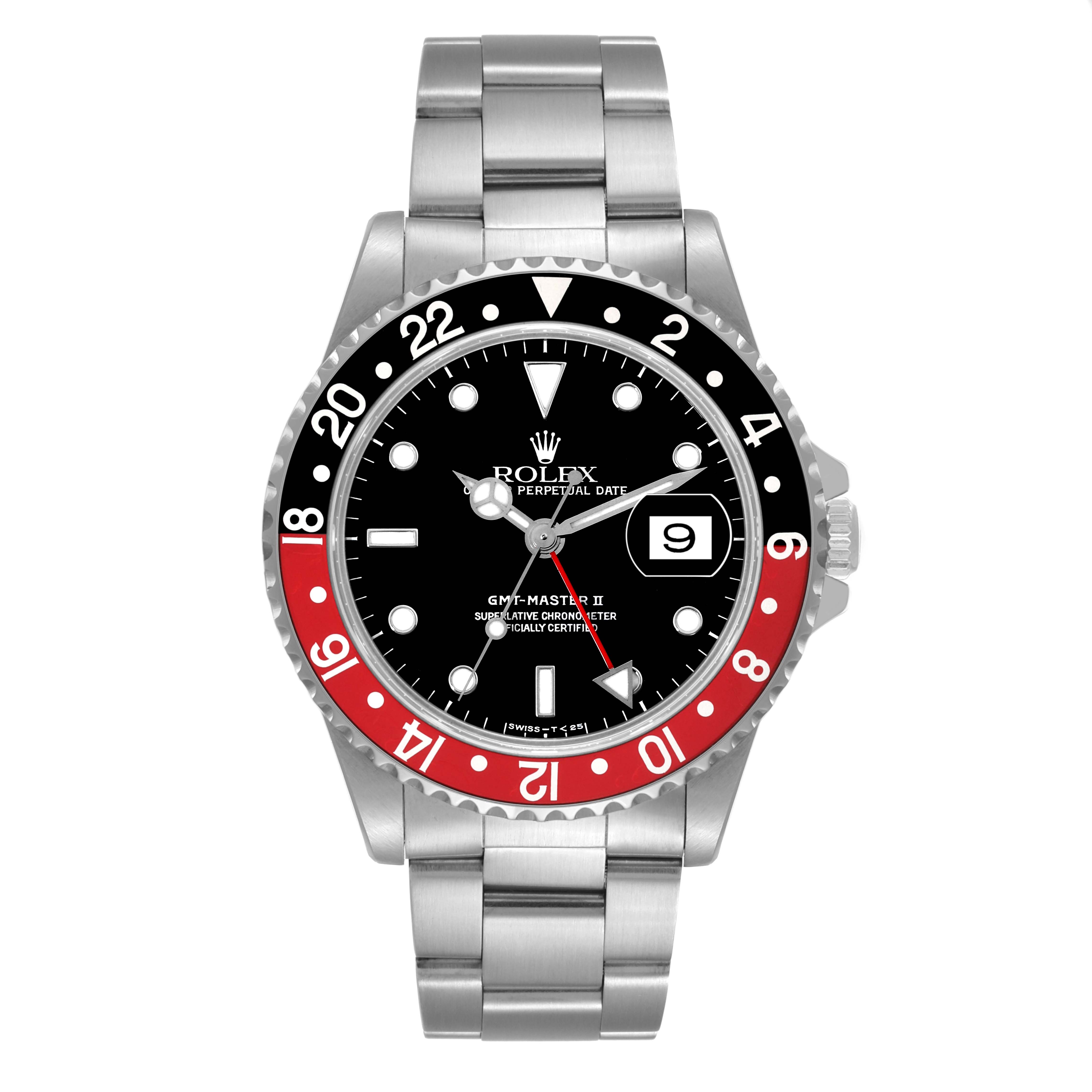 The image shows a front view of the Rolex GMT-Master 16710 Men's Stainless Steel Black Dial 16710 Men's Stainless Steel Black Dial II watch, highlighting its dial, date window, and two-tone bezel.