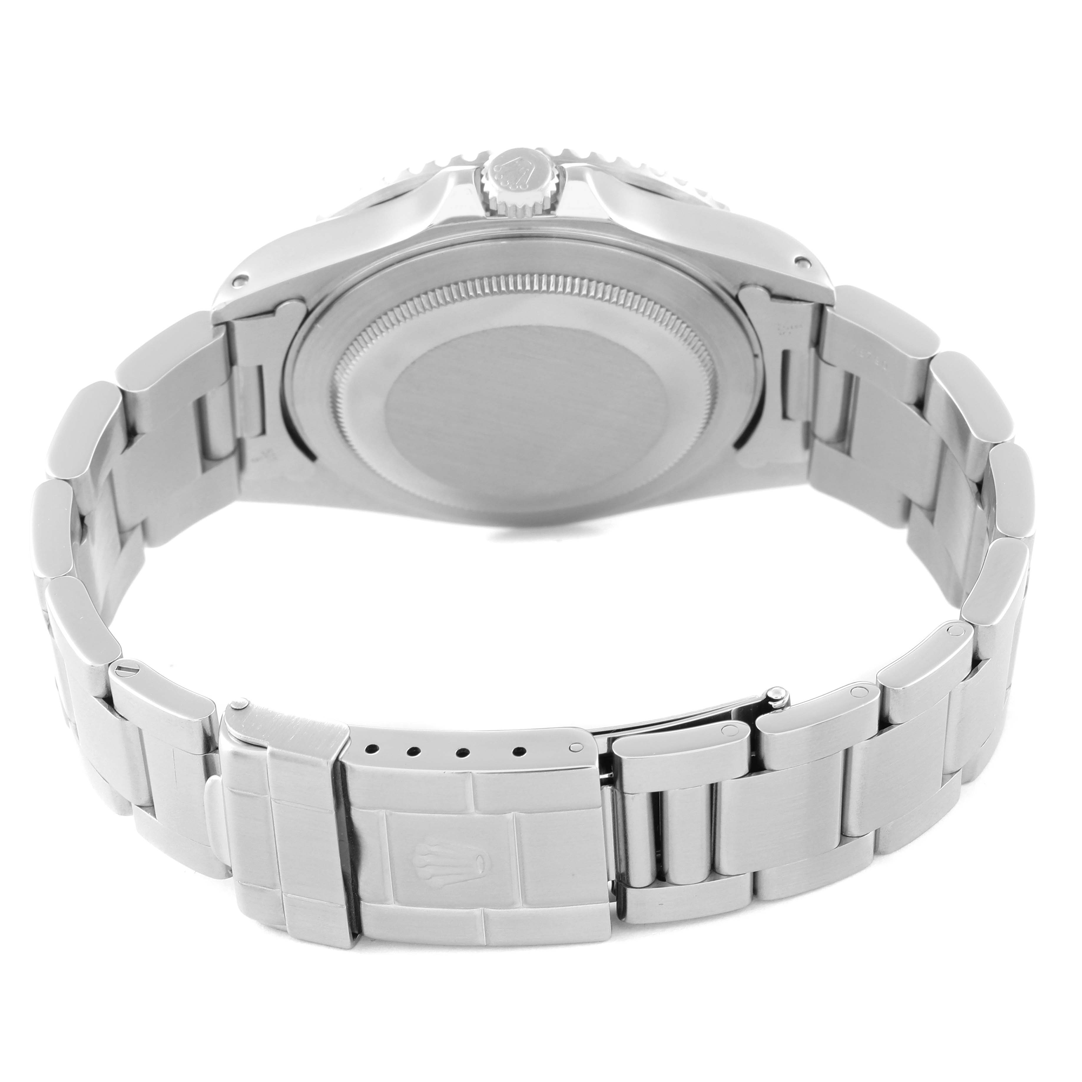 The image shows the backside of the Rolex GMT-Master 16710 Men's Stainless Steel Black Dial 16710 Men's Stainless Steel Black Dial watch, featuring the case back, crown, and metal bracelet clasp.