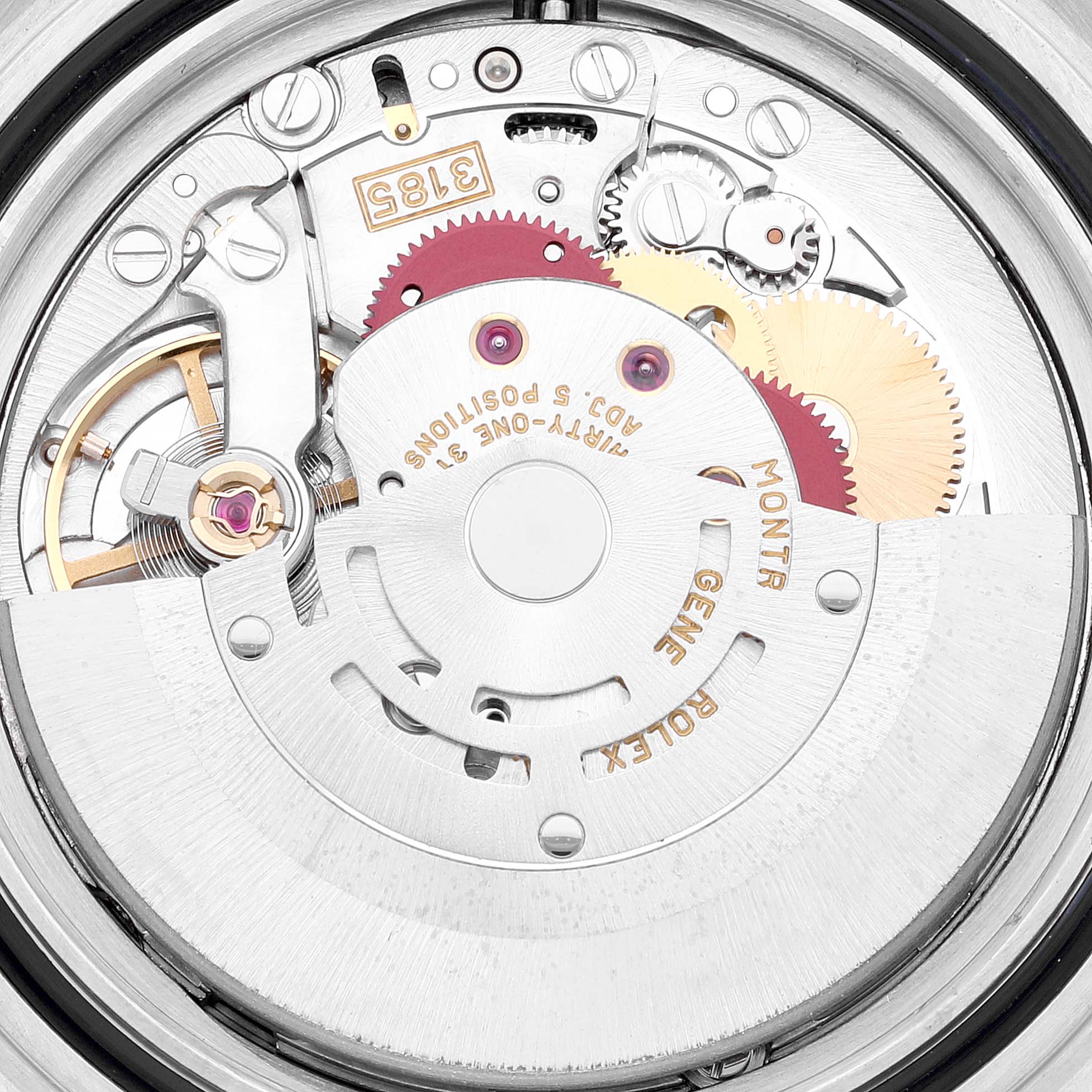 This image shows the internal mechanical movement of the Rolex GMT-Master 16710 Men's Stainless Steel Black Dial 16710 Men's Stainless Steel Black Dial watch, featuring gears, plates, and intricate detailing.