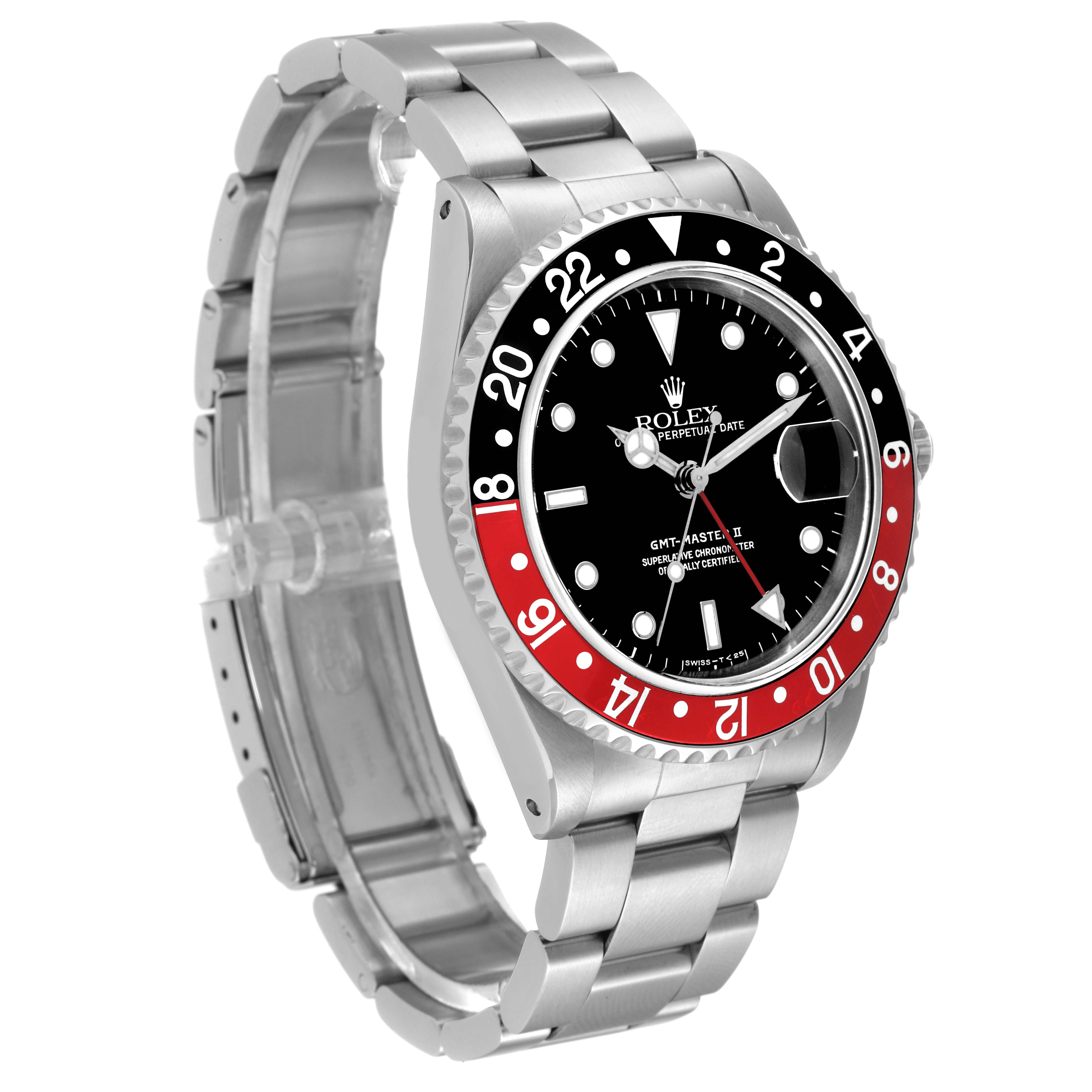 The Rolex GMT-Master 16710 Men's Stainless Steel Black Dial 16710 Men's Stainless Steel Black Dial watch is shown at an oblique angle displaying the bracelet, bezel, and face.