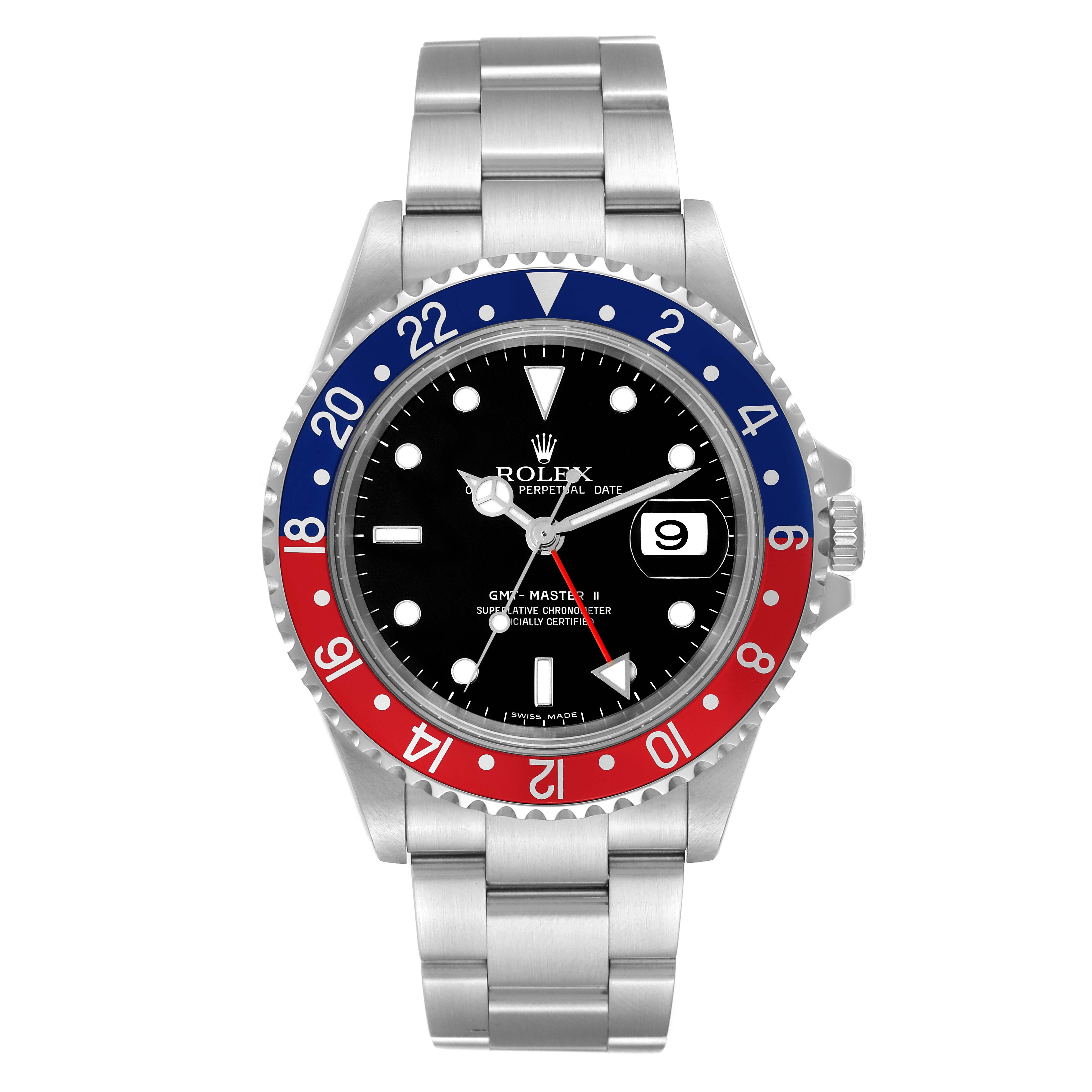 The image shows a front view of a Rolex GMT-Master 16710 Men's Stainless Steel Black Dial 16710 Men's Stainless Steel Black Dial watch, highlighting its 'Pepsi' bezel, black dial, and stainless steel bracelet.