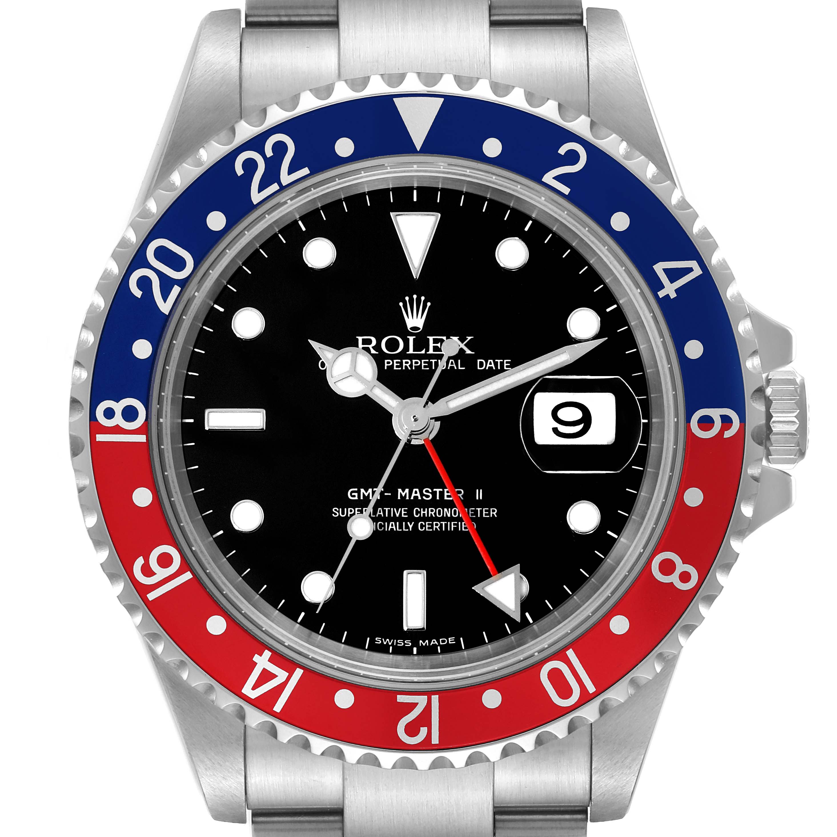 This image shows a front view of the Rolex GMT-Master 16710 Men's Stainless Steel Black Dial 16710 Men's Stainless Steel Black Dial II watch, displaying the bezel, dial, hands, date window, and part of the bracelet.