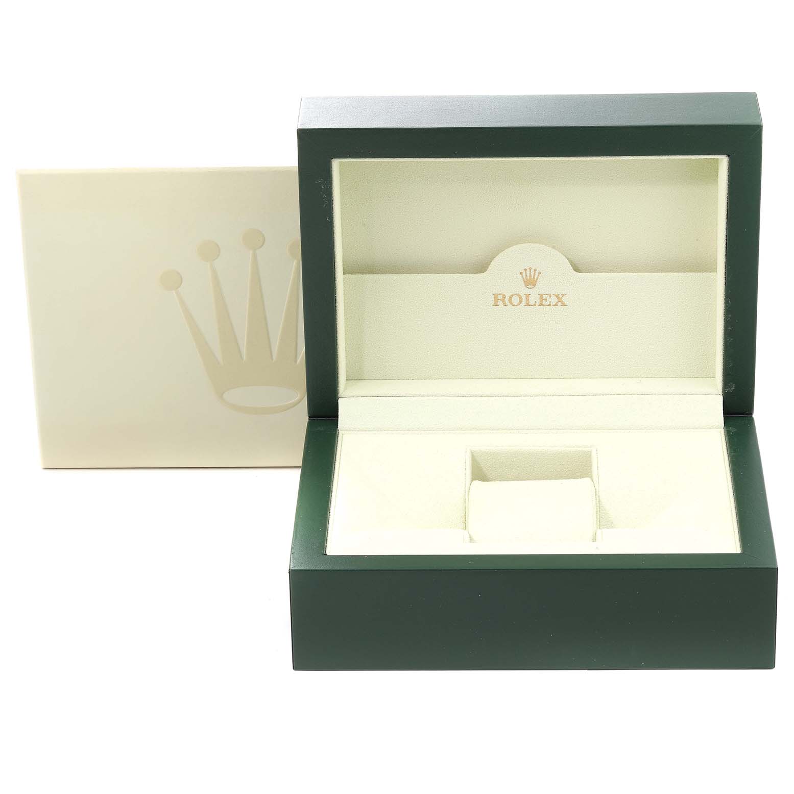 This is an open green and beige Rolex GMT-Master 16710 Men's Stainless Steel Black Dial 16710 Men's Stainless Steel Black Dial watch box shown from the front.