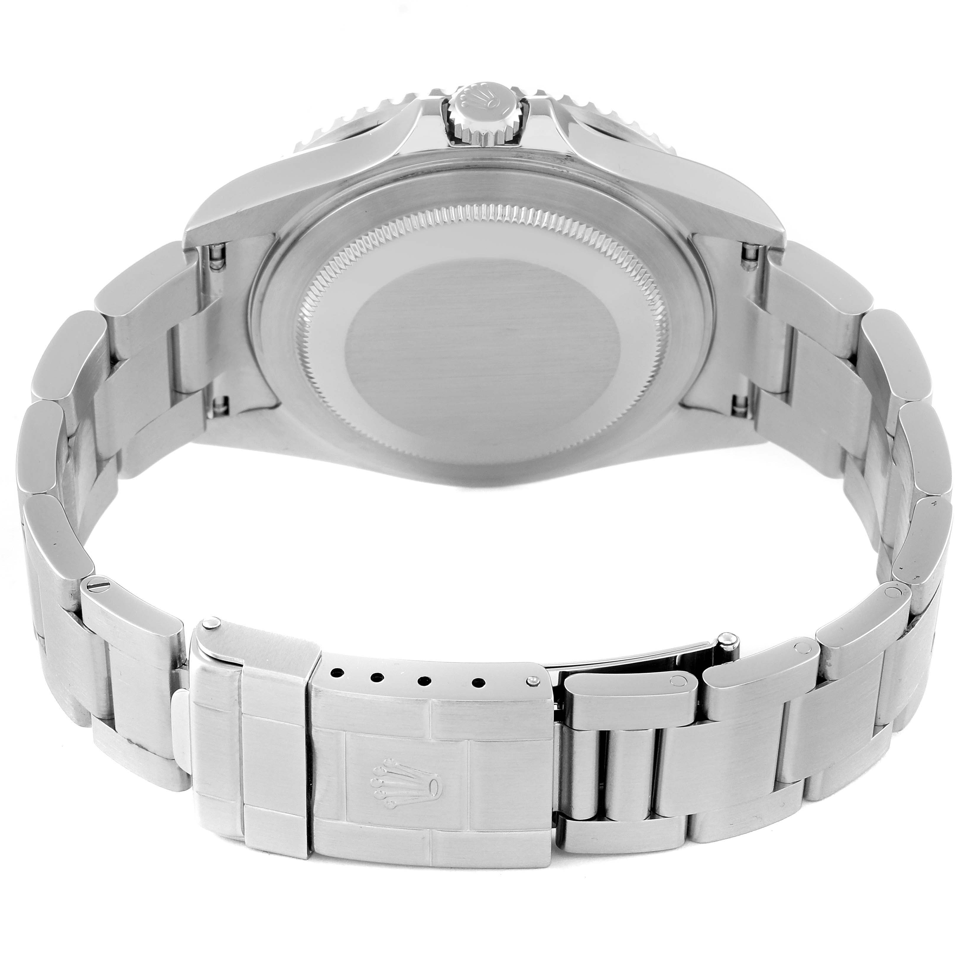 The image shows the back of the Rolex GMT-Master 16710 Men's Stainless Steel Black Dial 16710 Men's Stainless Steel Black Dial, including the caseback and bracelet.