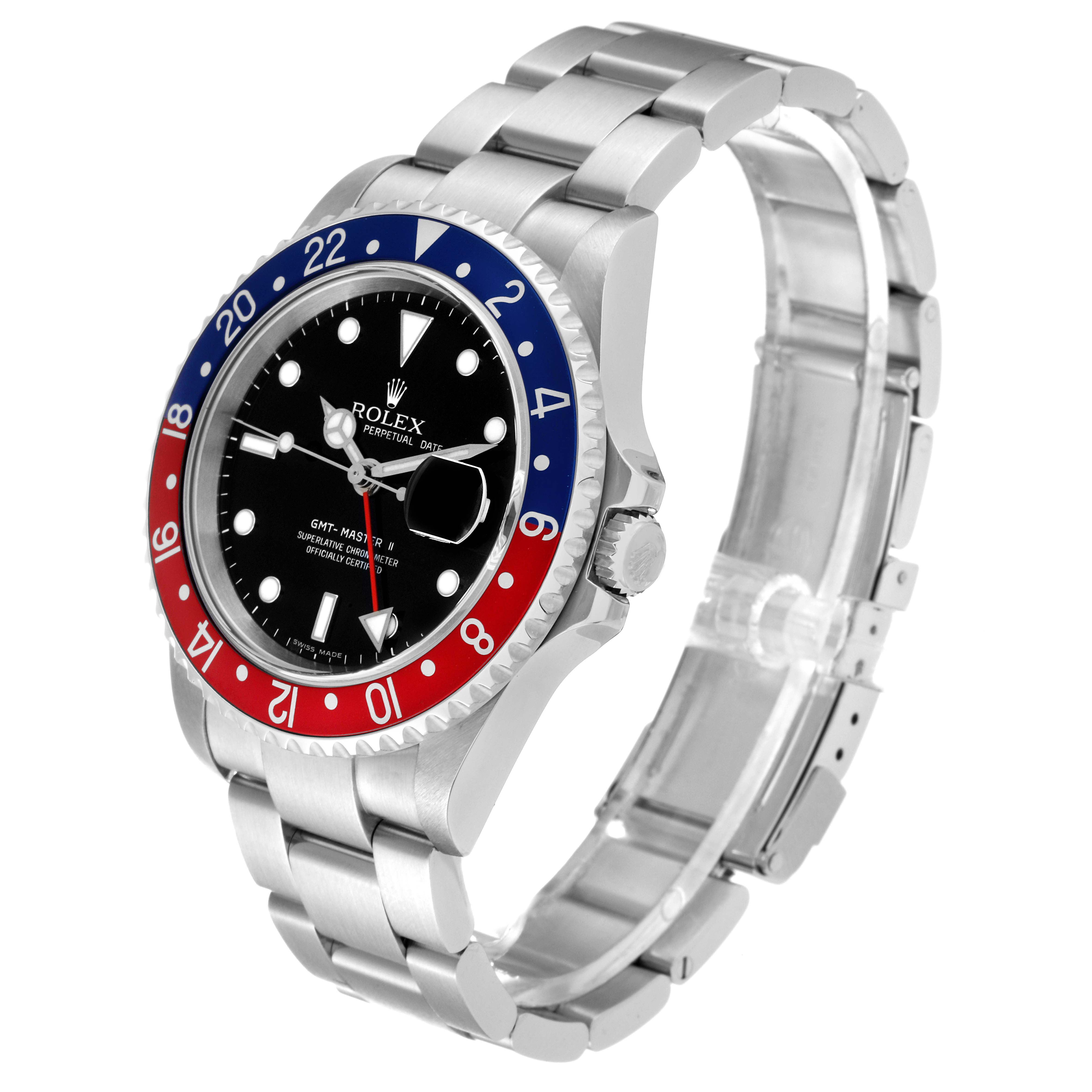 This Rolex GMT-Master 16710 Men's Stainless Steel Black Dial 16710 Men's Stainless Steel Black Dial model watch is shown at an angled side view, highlighting the bezel, dial, bracelet, and crown.