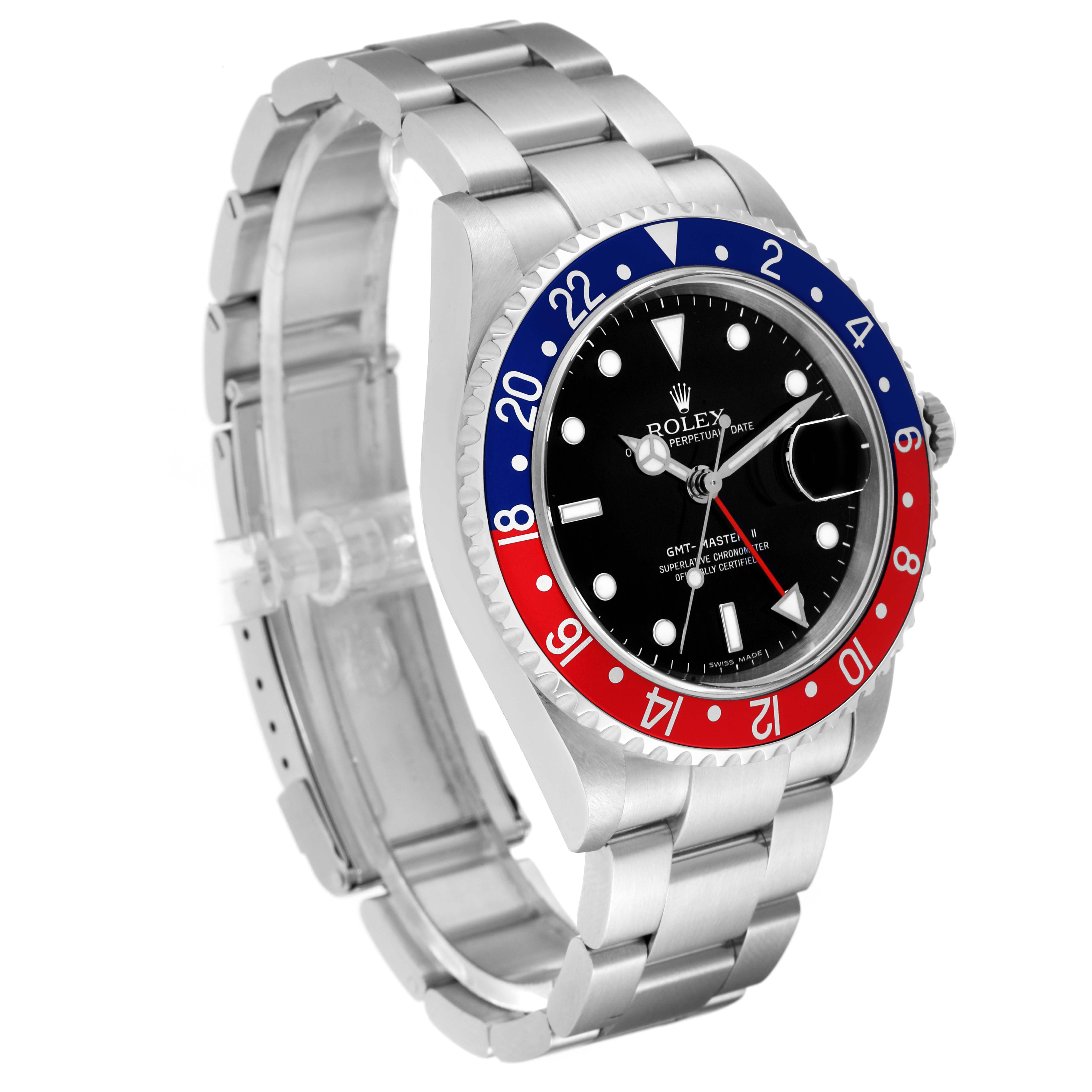 The image shows a Rolex GMT-Master 16710 Men's Stainless Steel Black Dial 16710 Men's Stainless Steel Black Dial watch at a three-quarter angle, highlighting its bezel, dial, and bracelet.