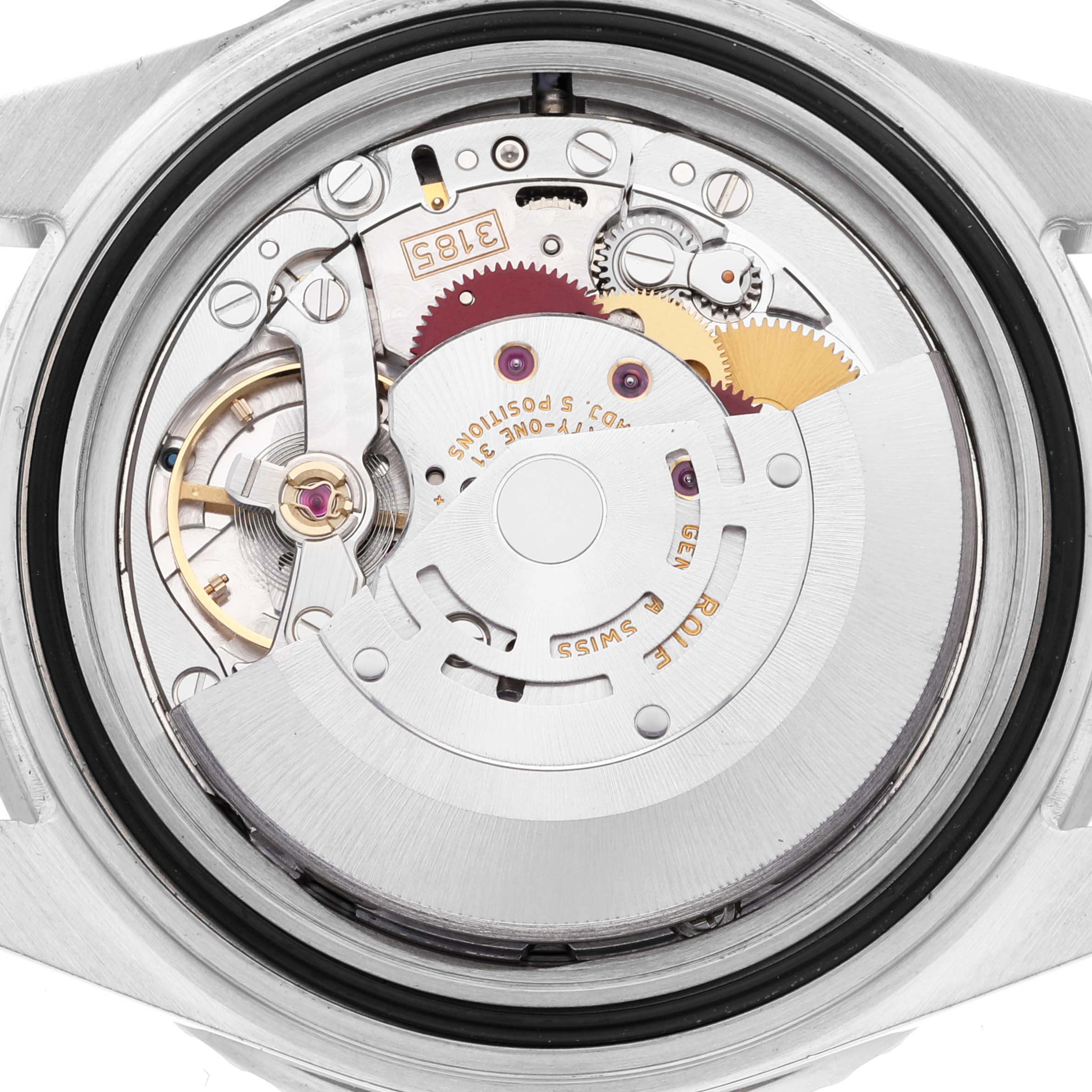 The image shows the internal mechanical parts of a Rolex GMT-Master 16710 Men's Stainless Steel Black Dial 16710 Men's Stainless Steel Black Dial watch from the back angle.