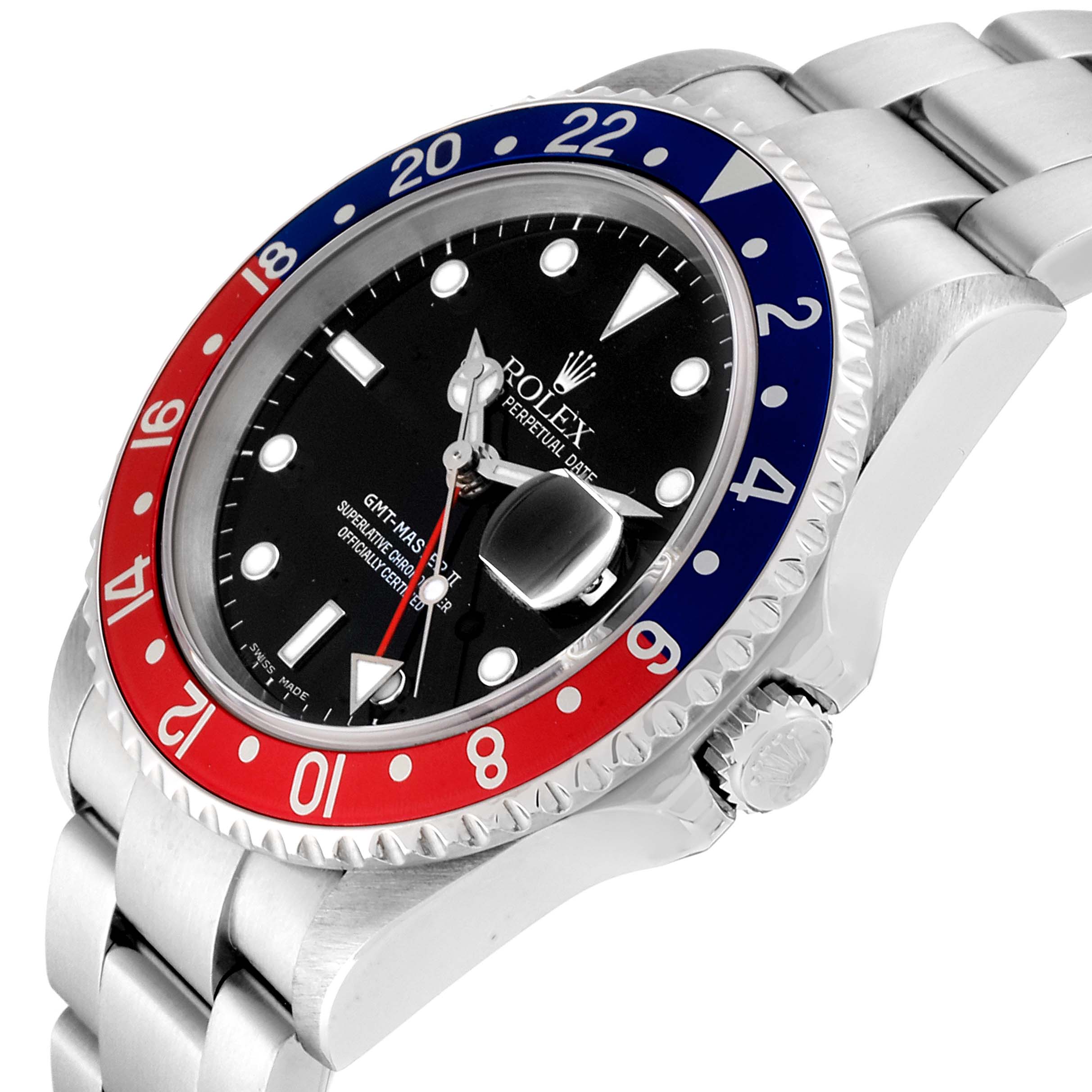 The image displays a Rolex GMT-Master 16710 Men
s Stainless Steel Black Dial 16710 Men
s Stainless Steel Black Dial watch at an oblique angle, highlighting its bracelet, bezel, and dial.