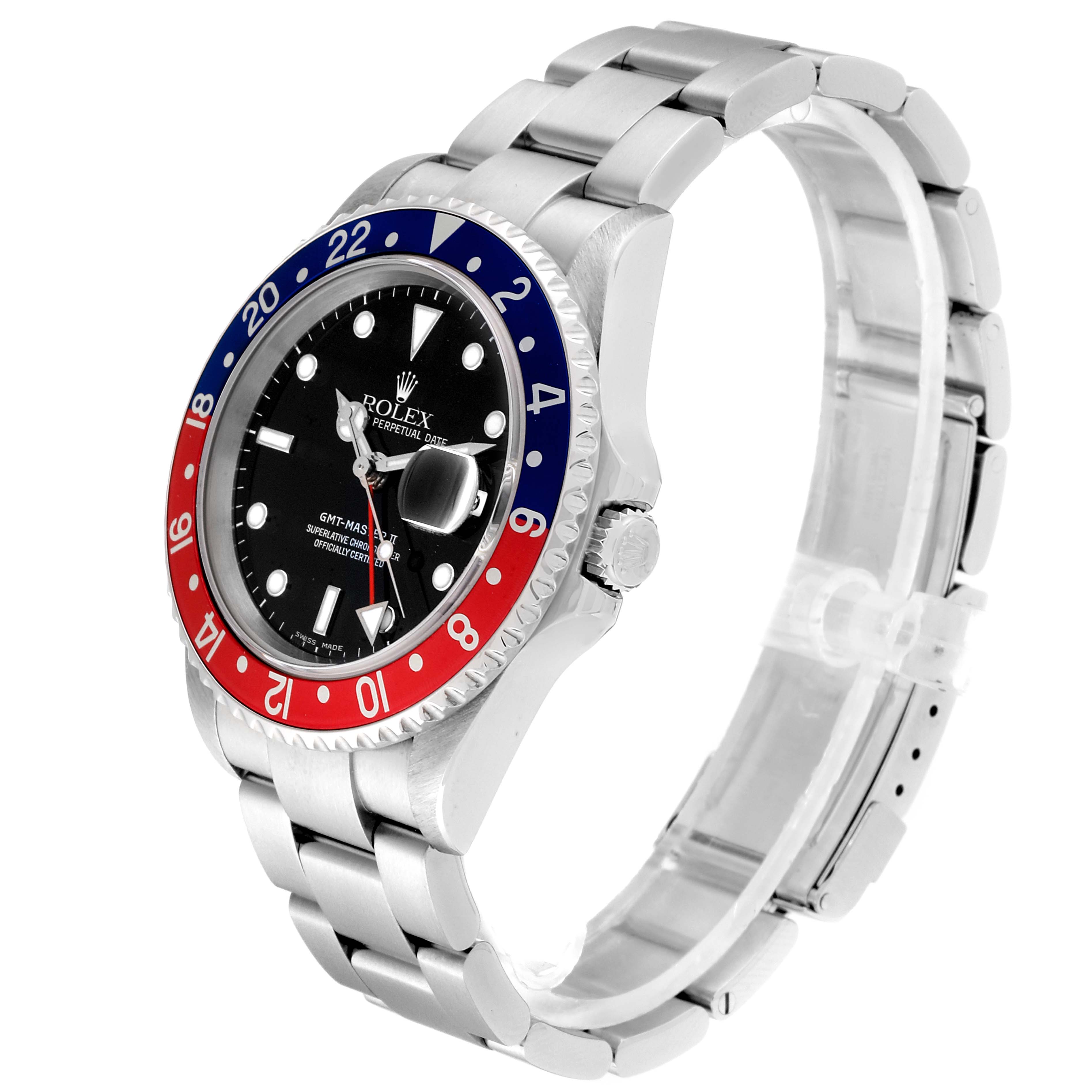 The image shows a side-angle view of a Rolex GMT-Master 16710 Men
s Stainless Steel Black Dial 16710 Men
s Stainless Steel Black Dial watch, displaying its face, bezel, and part of the bracelet.