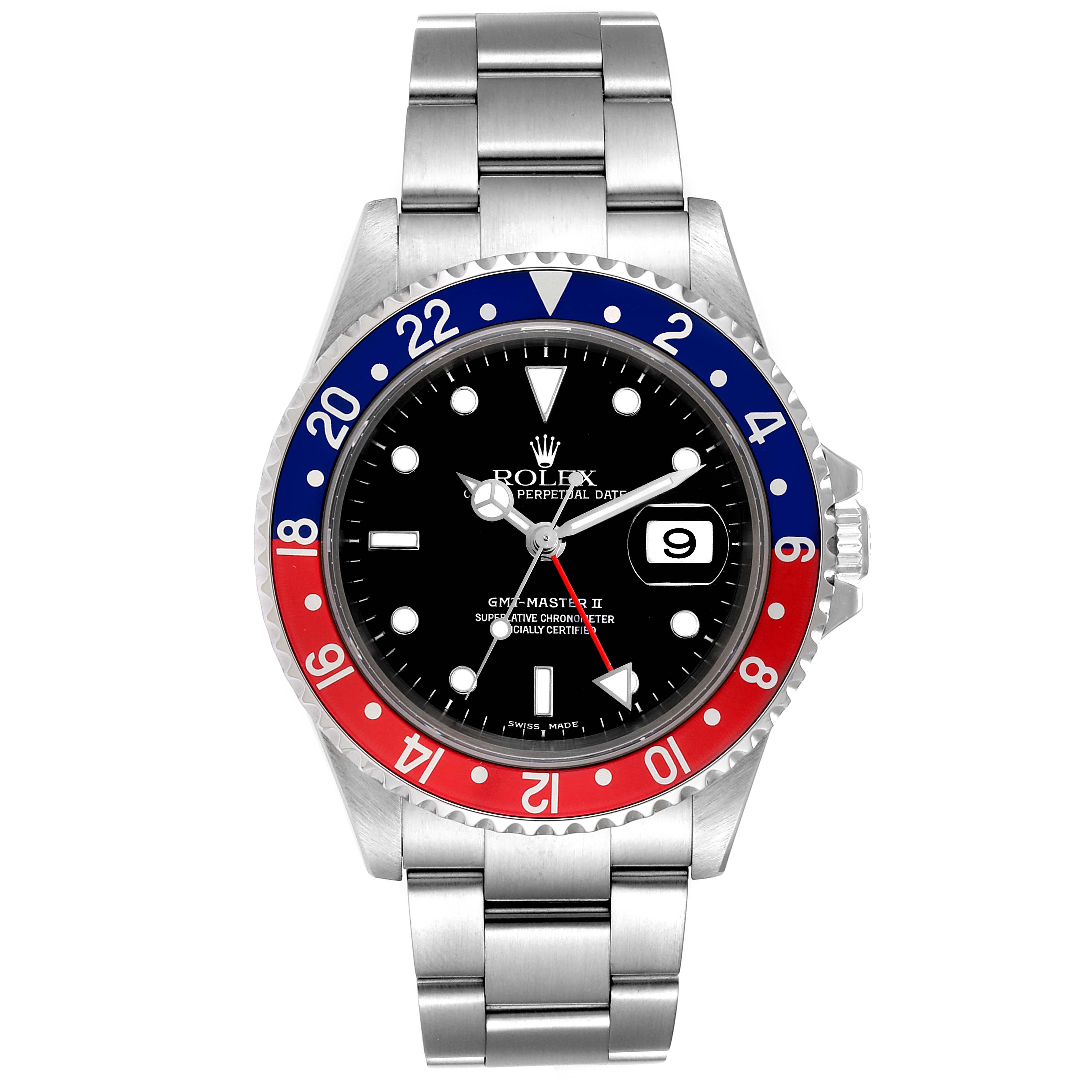 This image shows the front view of a Rolex GMT-Master 16710 Men
s Stainless Steel Black Dial 16710 Men
s Stainless Steel Black Dial II watch, highlighting its bezel, dial, and bracelet.