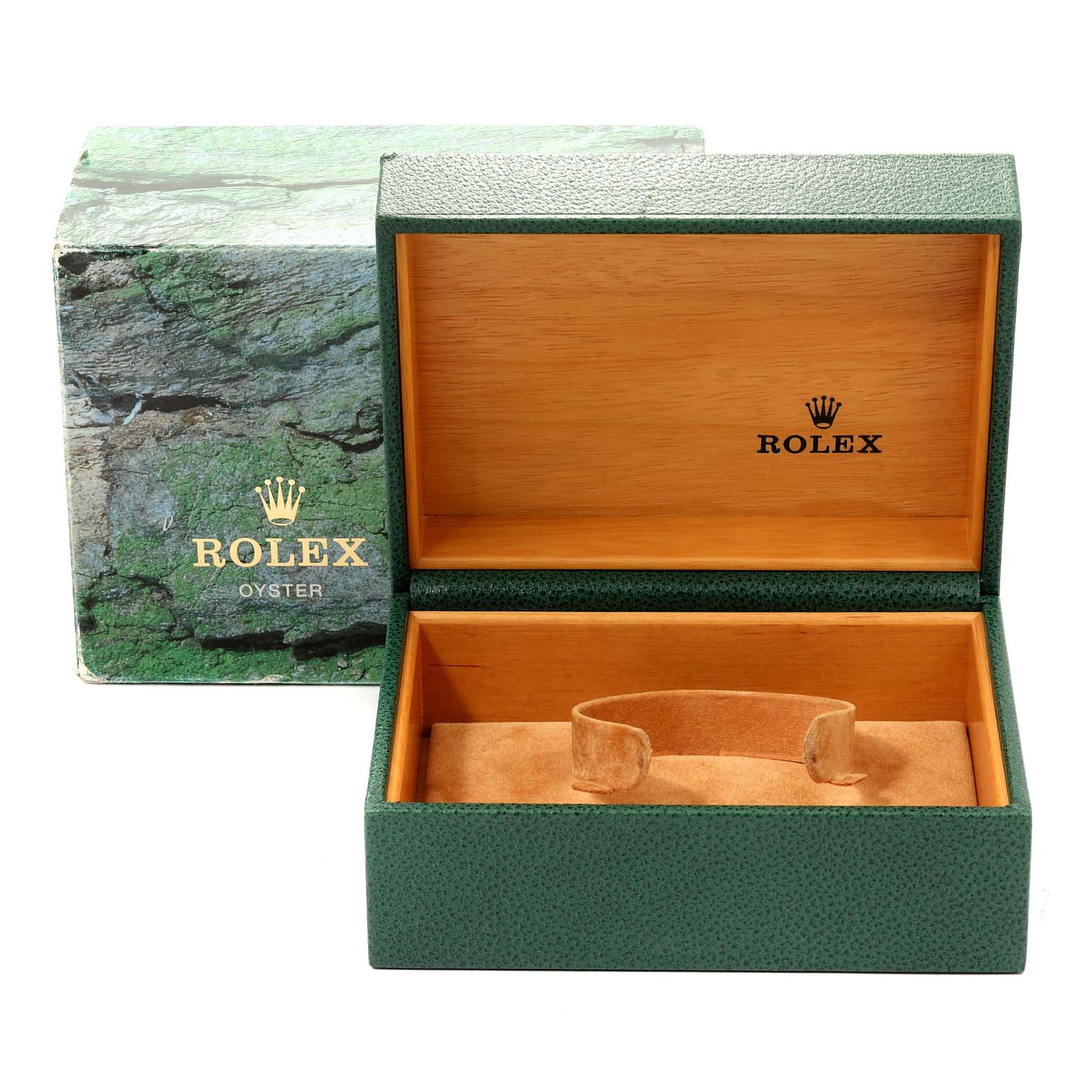 The image shows an open green and wooden Rolex watch box for the GMT-Master model, with the outer box in the background.
