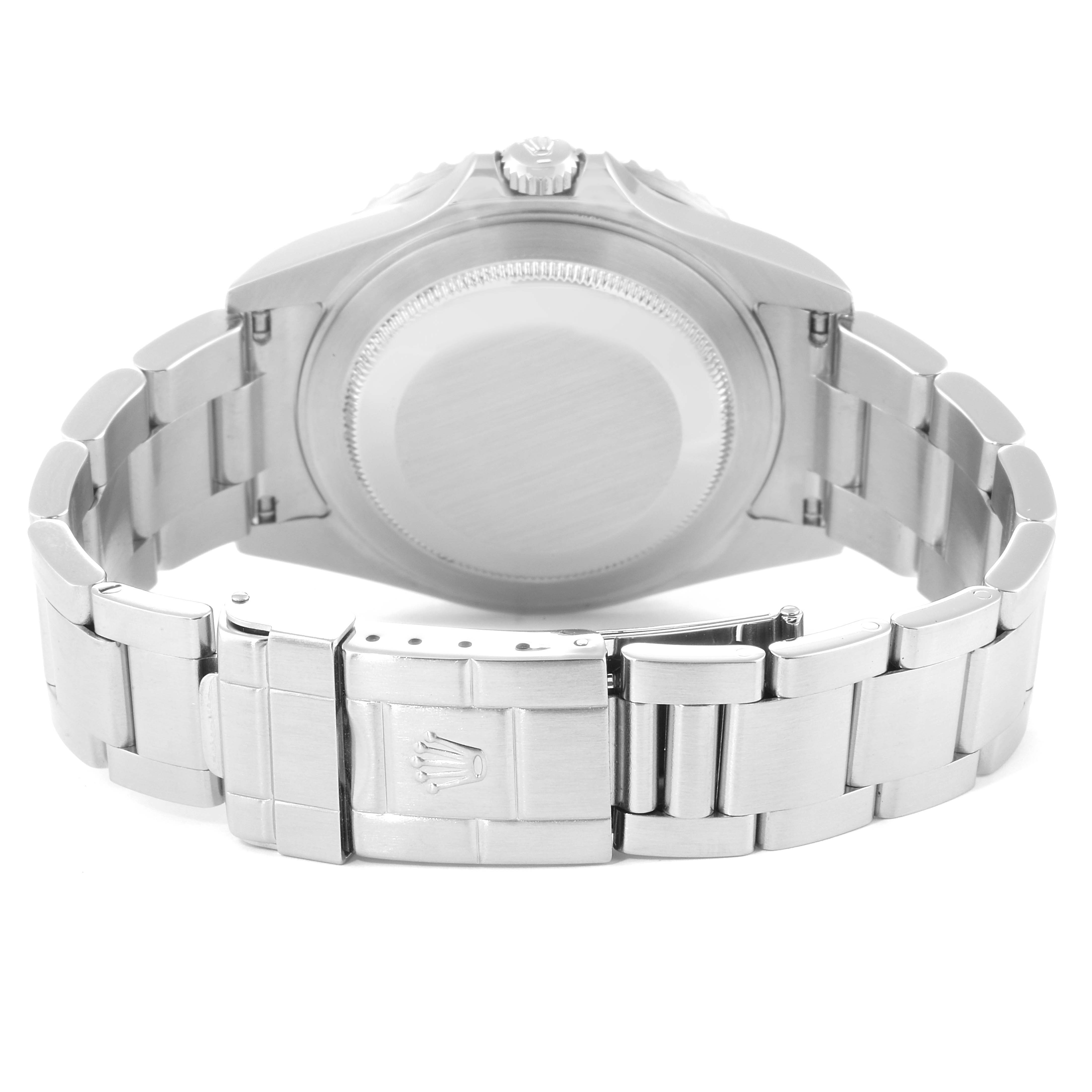 The image shows the back view of the Rolex GMT-Master 16710 Men
s Stainless Steel Black Dial 16710 Men
s Stainless Steel Black Dial watch, highlighting the case back and metal bracelet with clasp.