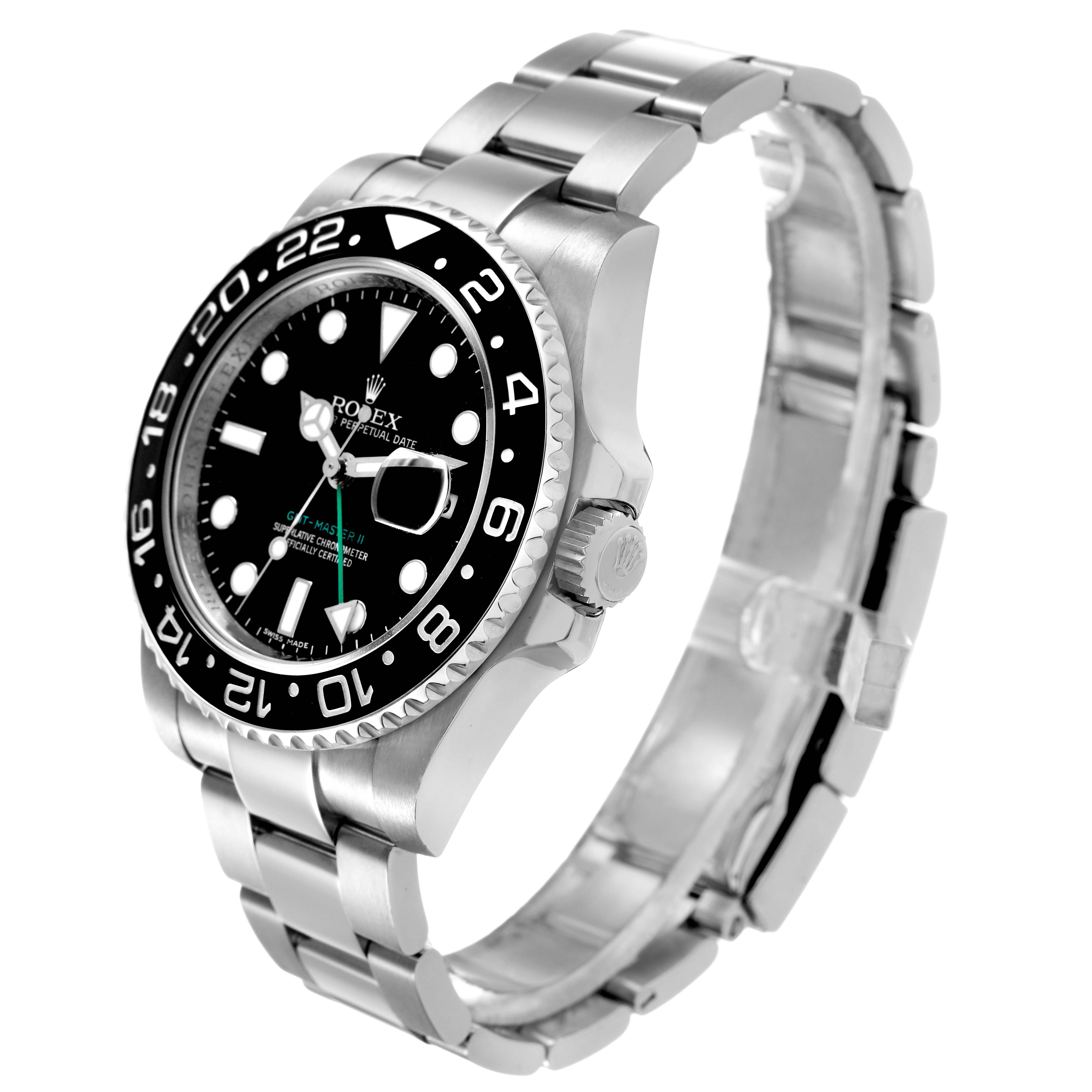 The Rolex GMT-Master 116710 Men's Stainless Steel Black Dial is shown at an angle highlighting the bezel, dial, case, and bracelet.
