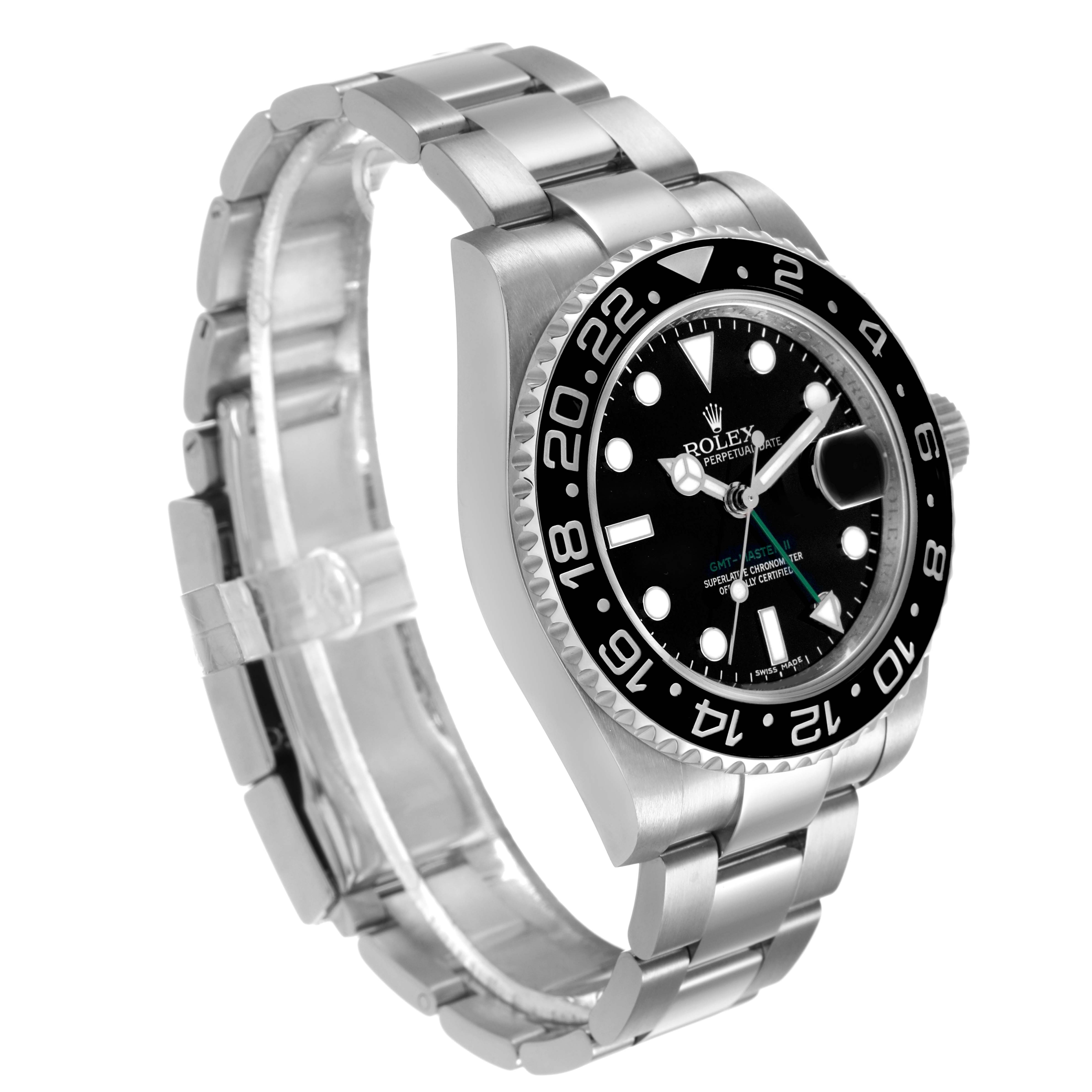 The Rolex GMT-Master 116710 Men's Stainless Steel Black Dial watch is shown at a three-quarter angle, highlighting the black bezel, bracelet, and face.