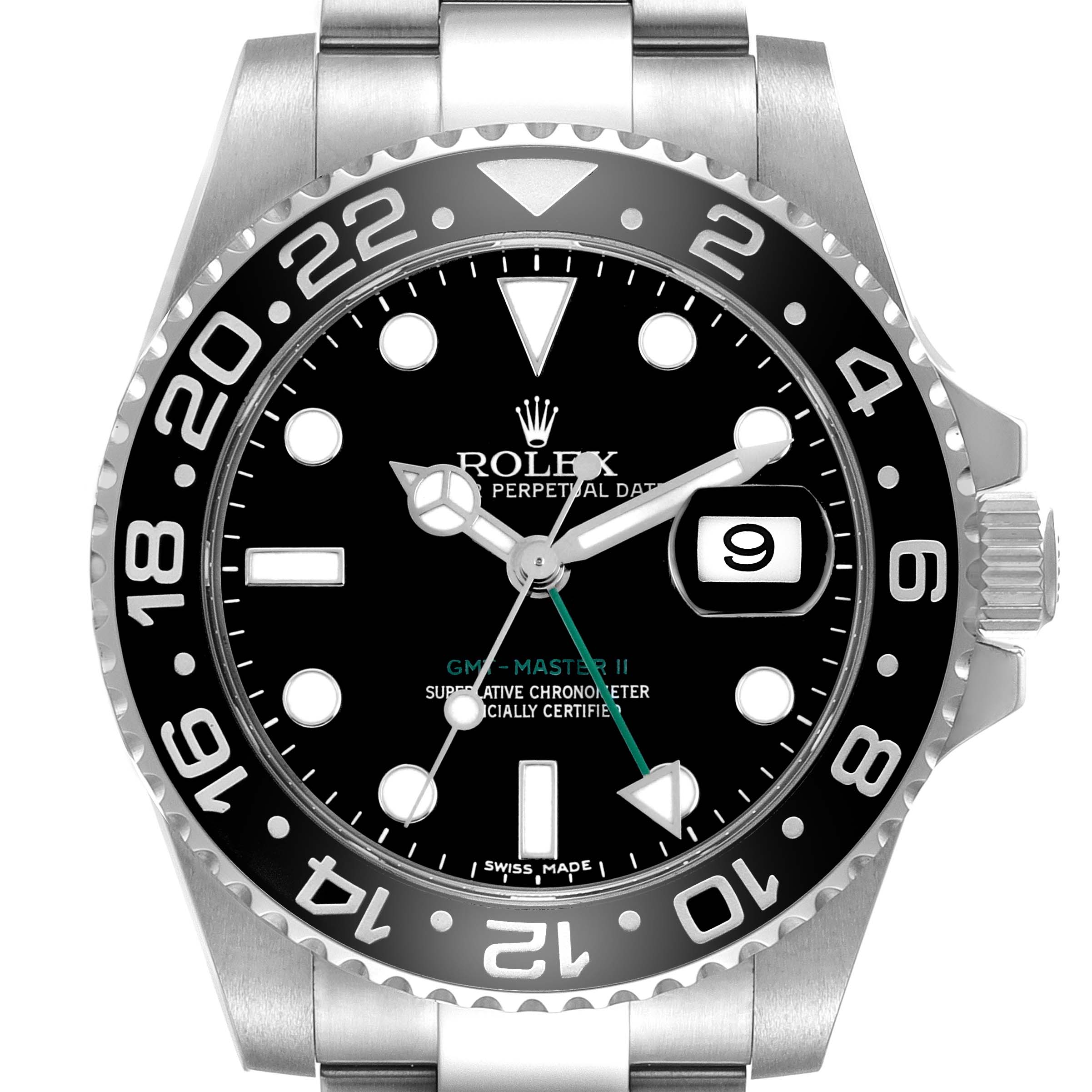 The Rolex GMT-Master 116710 Men's Stainless Steel Black Dial watch is shown from a frontal angle, highlighting the bezel, dial, and crown.