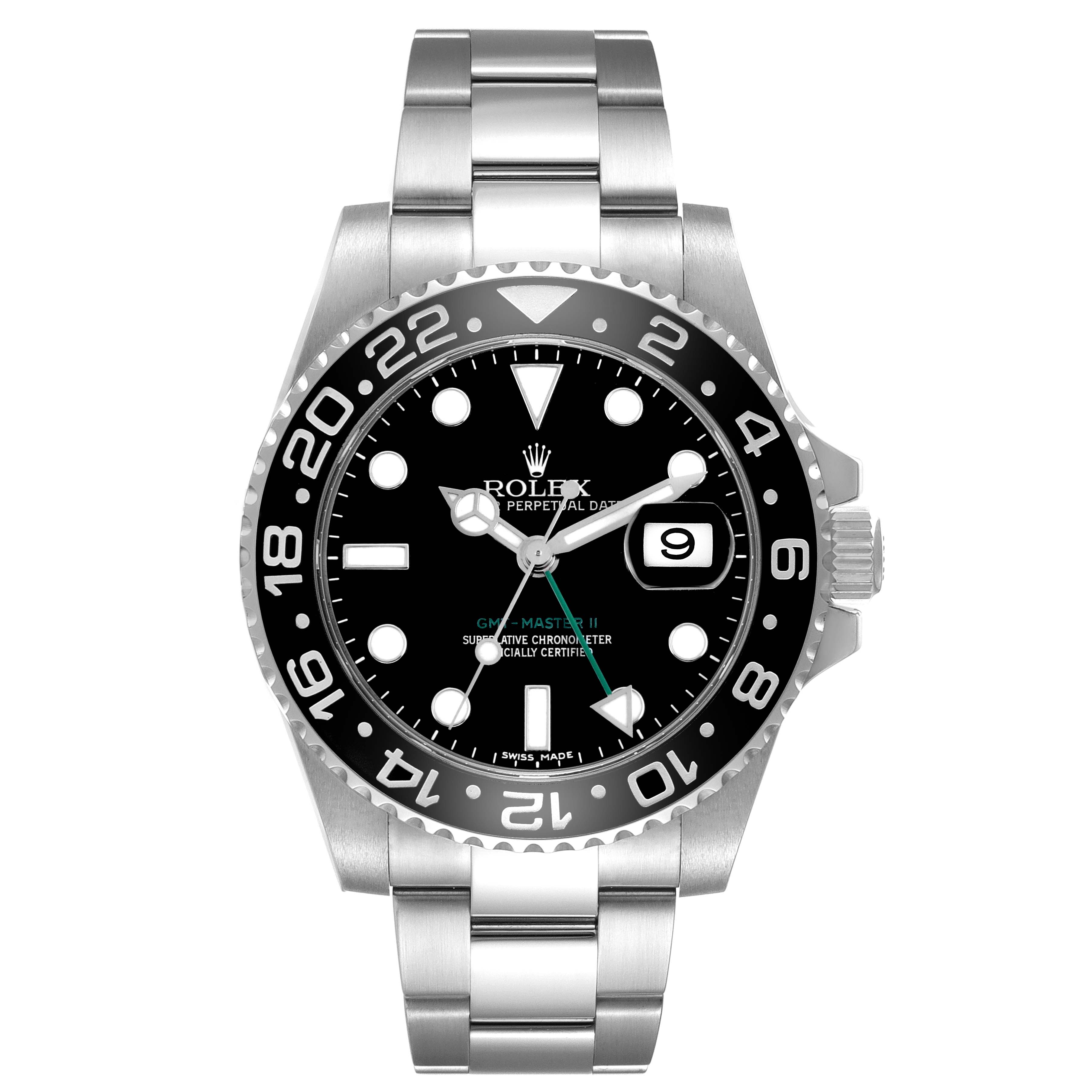 The Rolex GMT-Master 116710 Men's Stainless Steel Black Dial watch is shown from a front angle, displaying the bezel, dial, hands, crown, and bracelet.