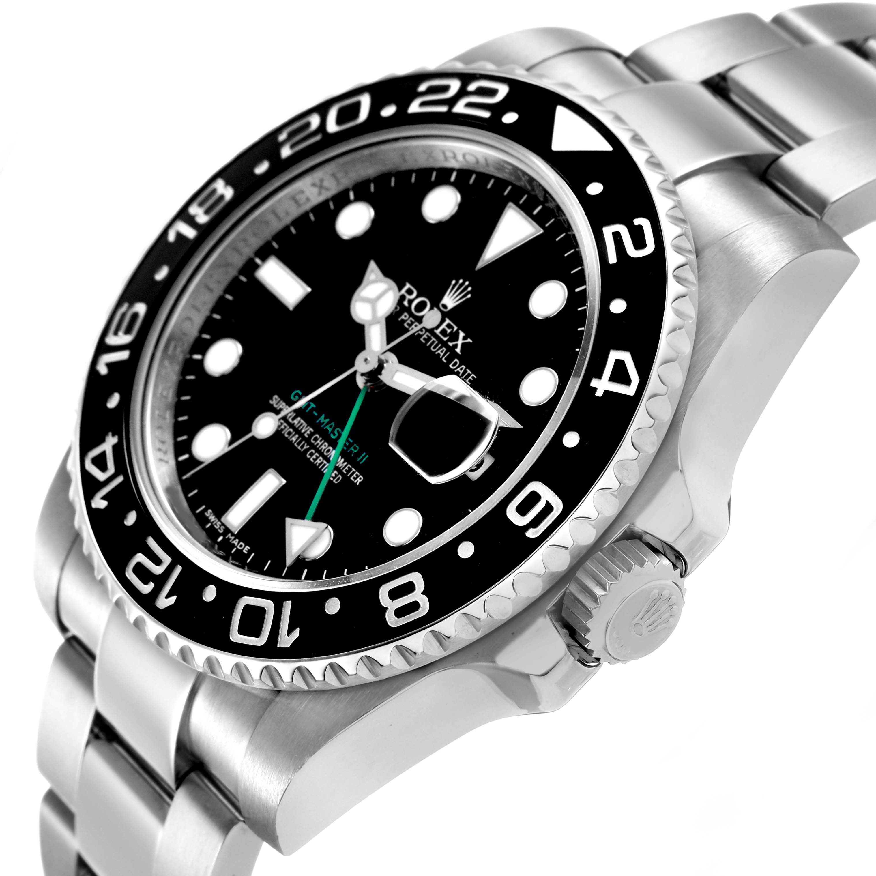 The Rolex GMT-Master 116710 Men's Stainless Steel Black Dial watch is shown at an angle highlighting its bezel, dial, crown, and bracelet.