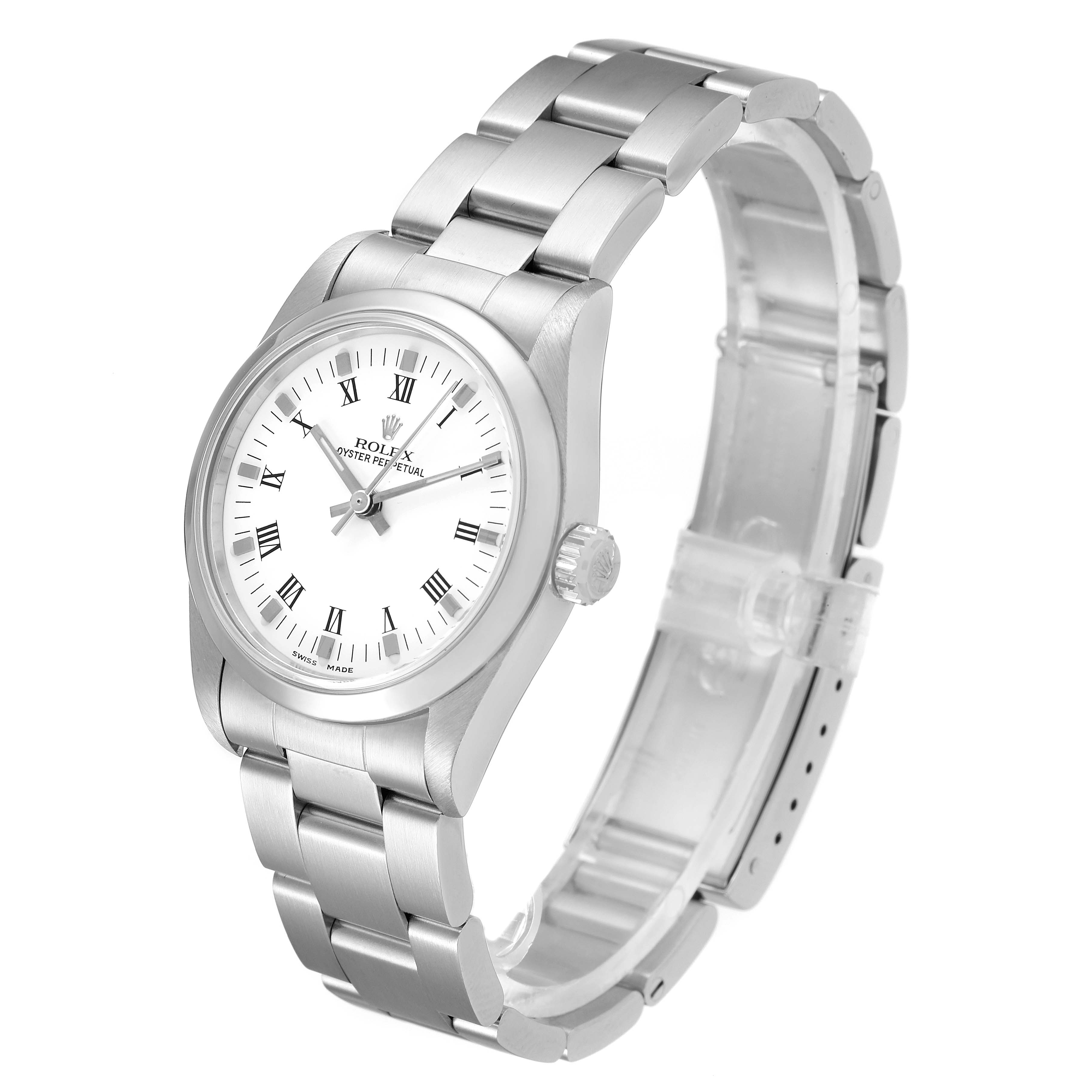 The image shows a Mid-Size Rolex watch from a front angled view, displaying its face, bezel, and bracelet.