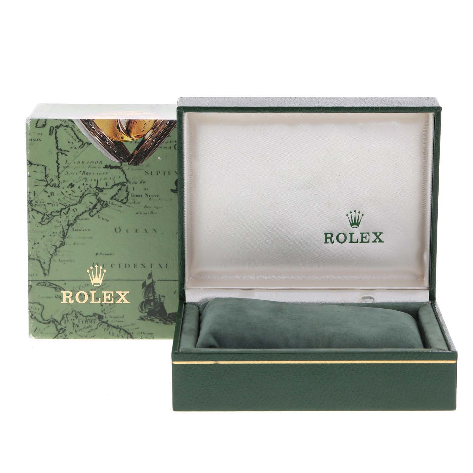 The image shows an open Rolex watch box for a Mid-Size model, displaying the interior of the empty box and cushion.