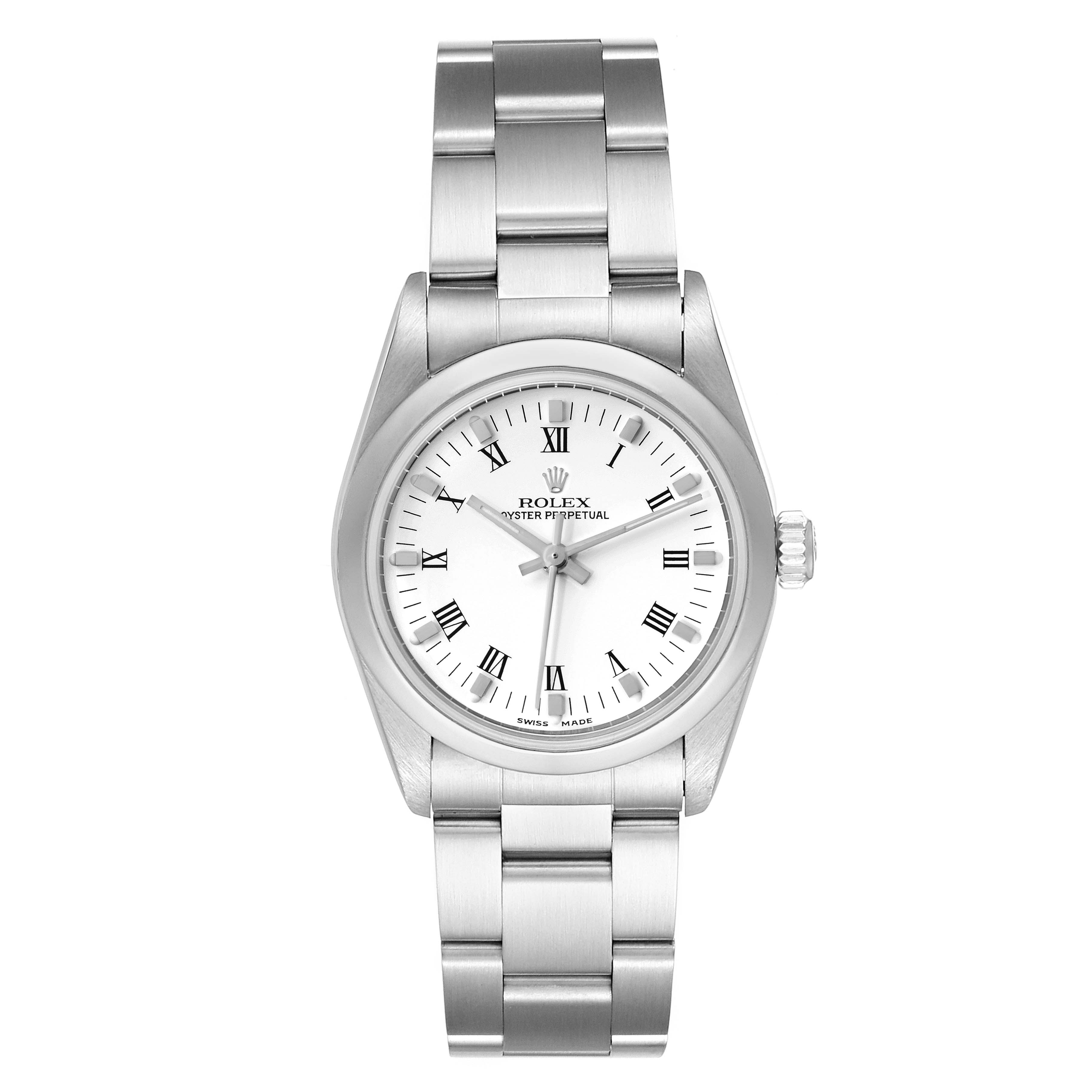 This image shows a front view of the Rolex Mid-Size 77080 Women
s Stainless Steel White Dial 77080 Women
s Stainless Steel White Dial Oyster Perpetual watch, including its face, bezel, and bracelet.