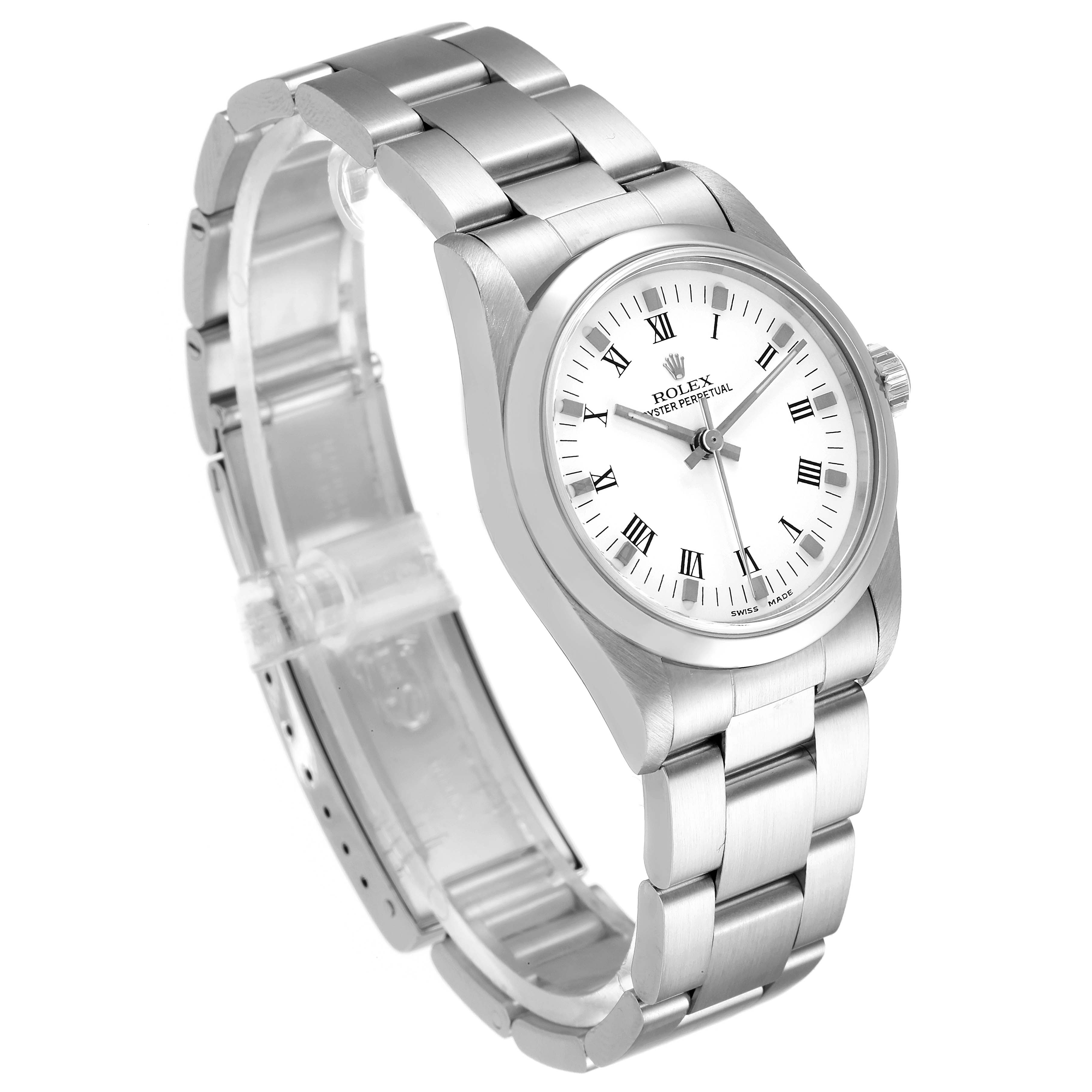 The image shows a Rolex Mid-Size 77080 Women
s Stainless Steel White Dial 77080 Women
s Stainless Steel White Dial watch at a three-quarter angle, highlighting the dial, bracelet, and clasp.