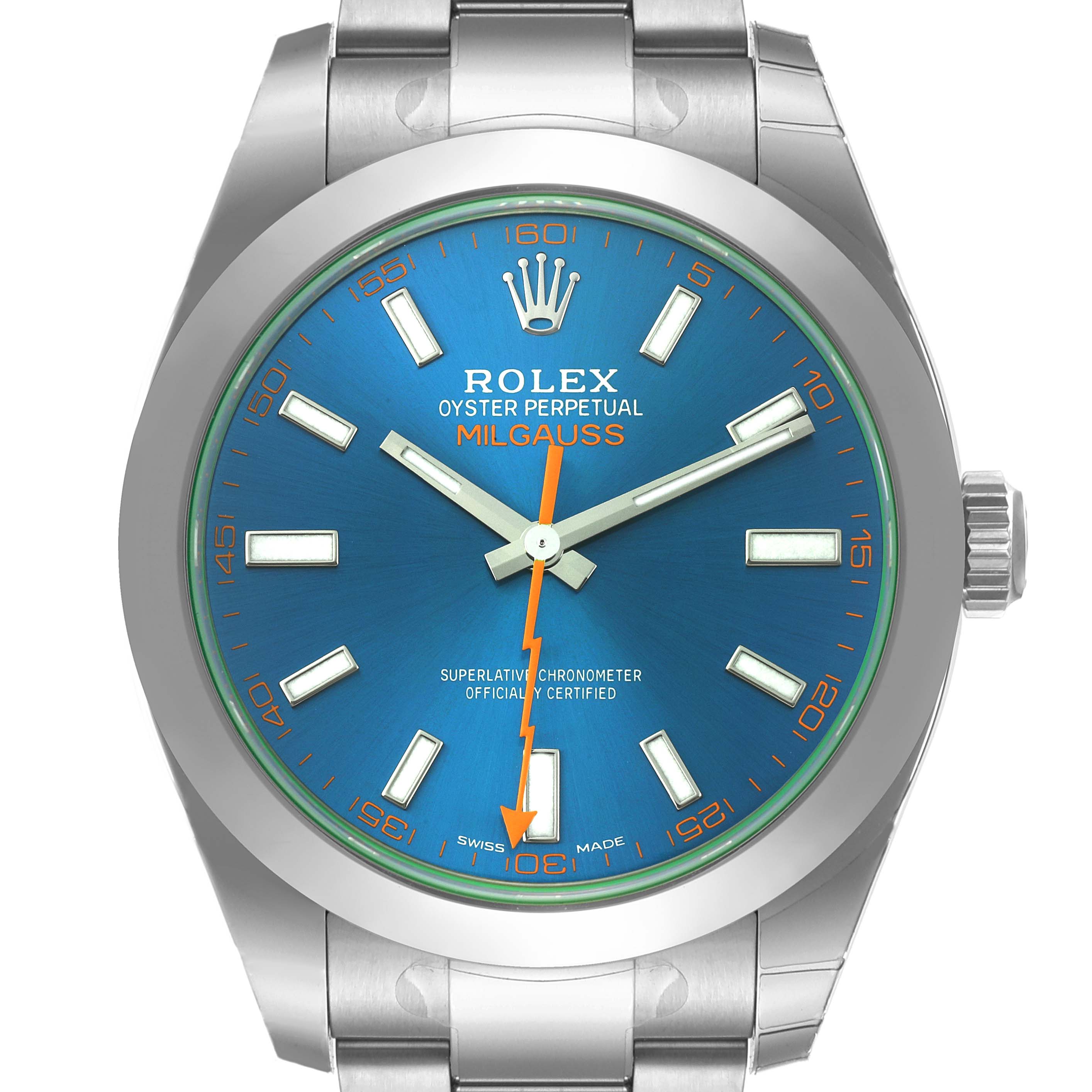 The image shows the front view of a Rolex Milgauss 116400GV Men
s Stainless Steel Blue Dial 116400GV Men
s Stainless Steel Blue Dial watch, focusing on its blue dial, hands, markers, and part of the bracelet.