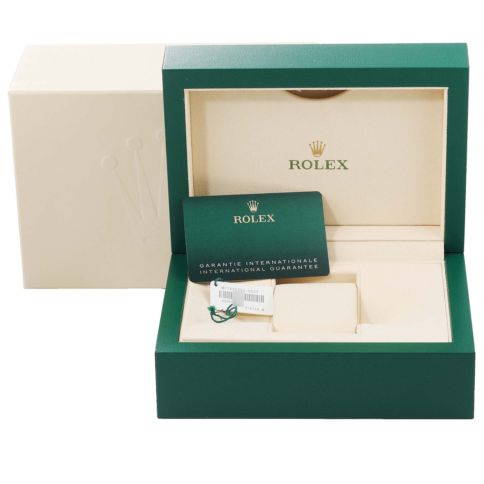 The image shows a Rolex Milgauss 116400GV Men
s Stainless Steel Blue Dial 116400GV Men
s Stainless Steel Blue Dial box, displaying the watch
s green international guarantee card and tag inside.