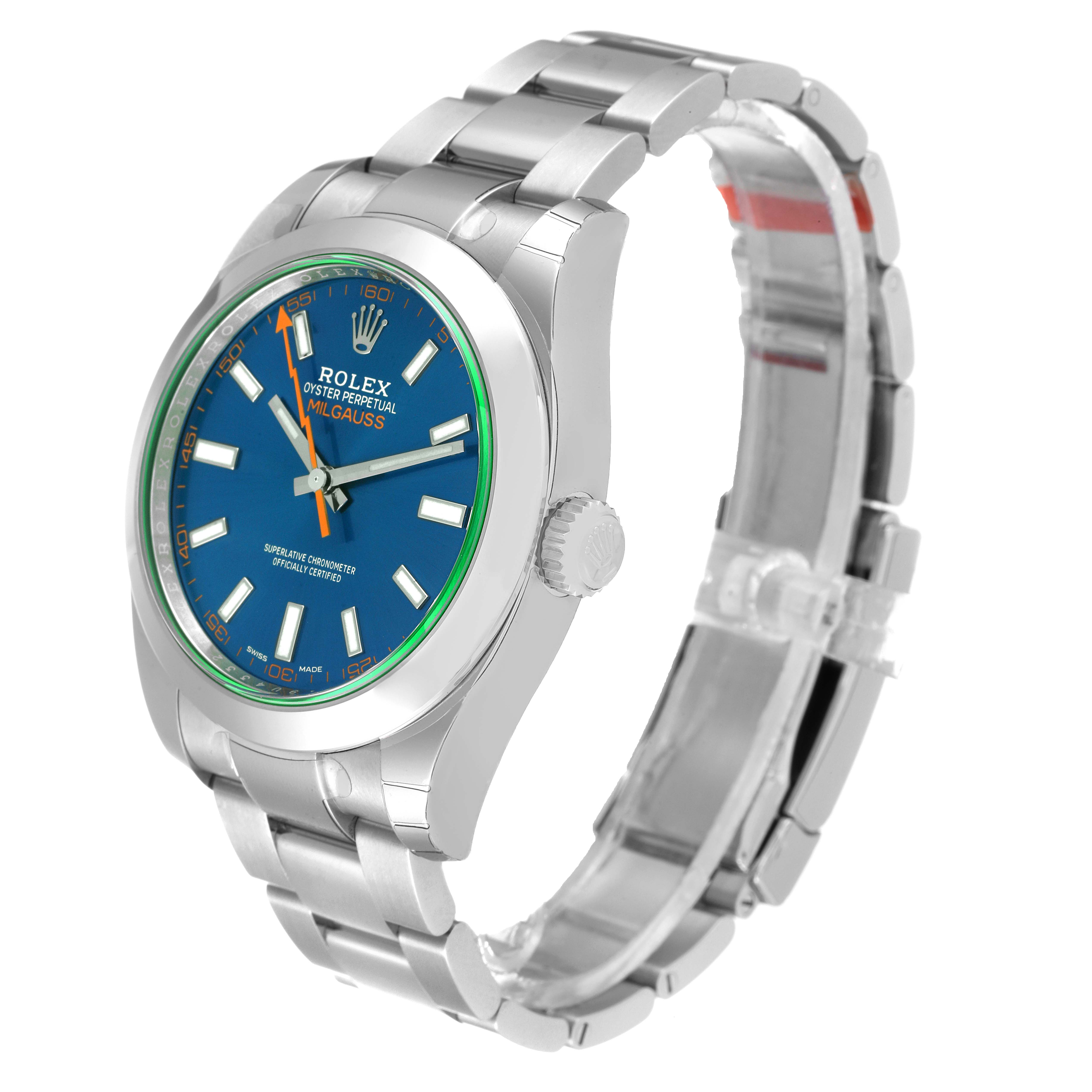 This image shows a Rolex Milgauss 116400GV Men
s Stainless Steel Blue Dial 116400GV Men
s Stainless Steel Blue Dial watch at a three-quarter angle, highlighting the face, bezel, crown, and part of the bracelet.