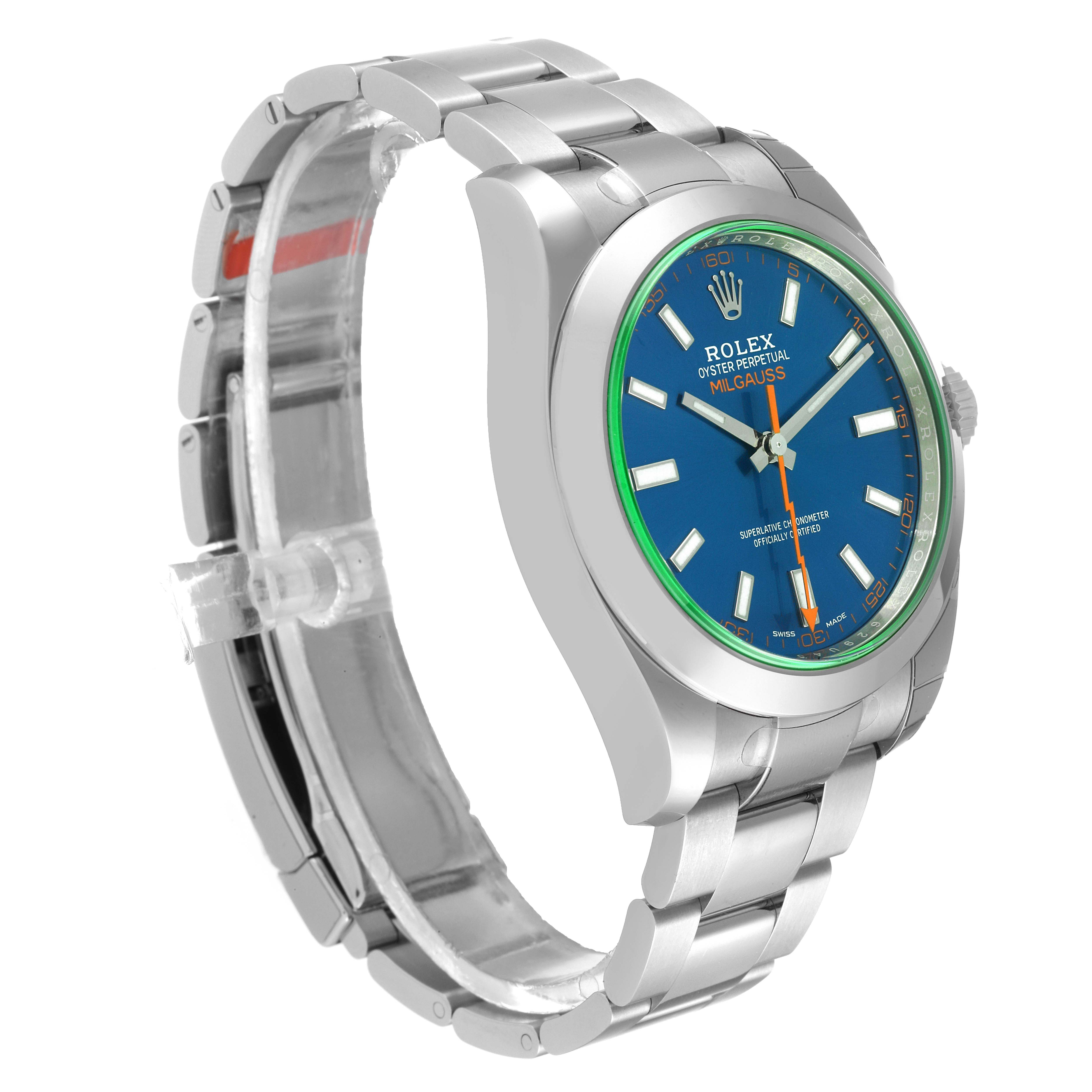 The image shows a Rolex Milgauss 116400GV Men
s Stainless Steel Blue Dial 116400GV Men
s Stainless Steel Blue Dial watch at a three-quarter angle, highlighting its blue dial, green-tinted crystal, and stainless steel bracelet.