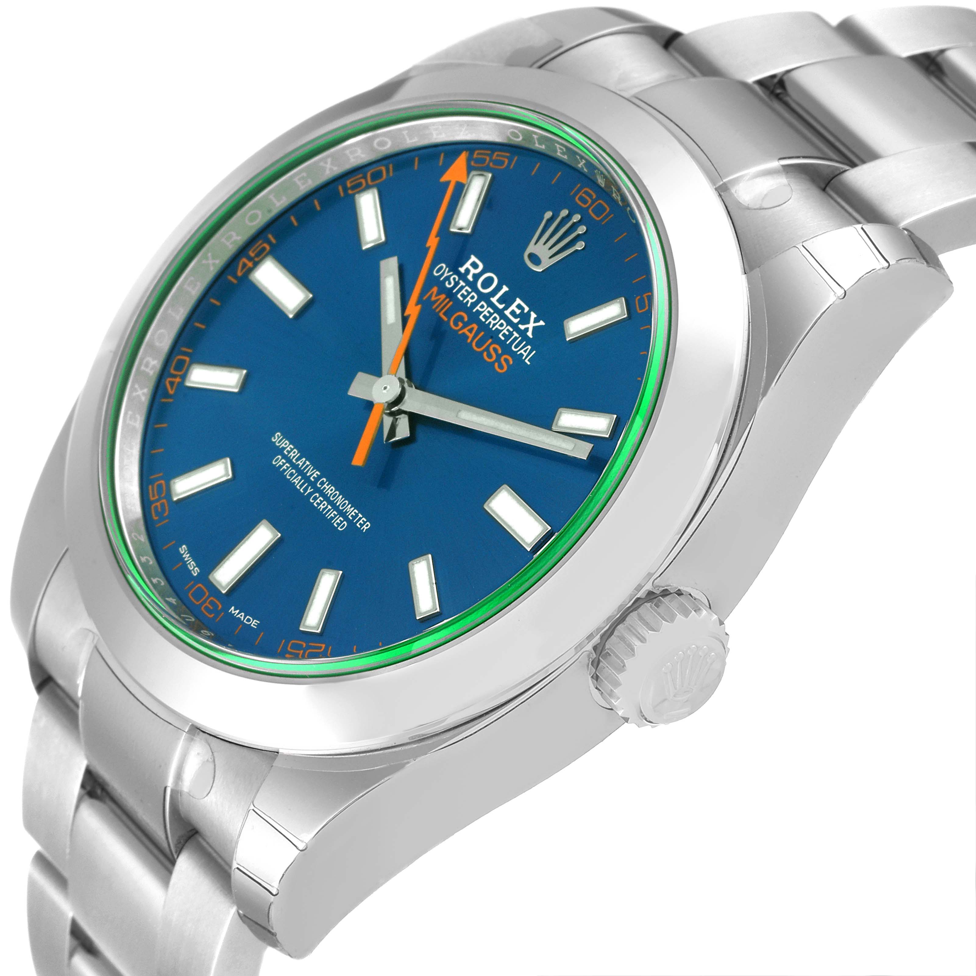 This image shows a side and angled view of the Rolex Milgauss 116400GV Men
s Stainless Steel Blue Dial 116400GV Men
s Stainless Steel Blue Dial watch, highlighting the blue dial, crown, and bracelet.