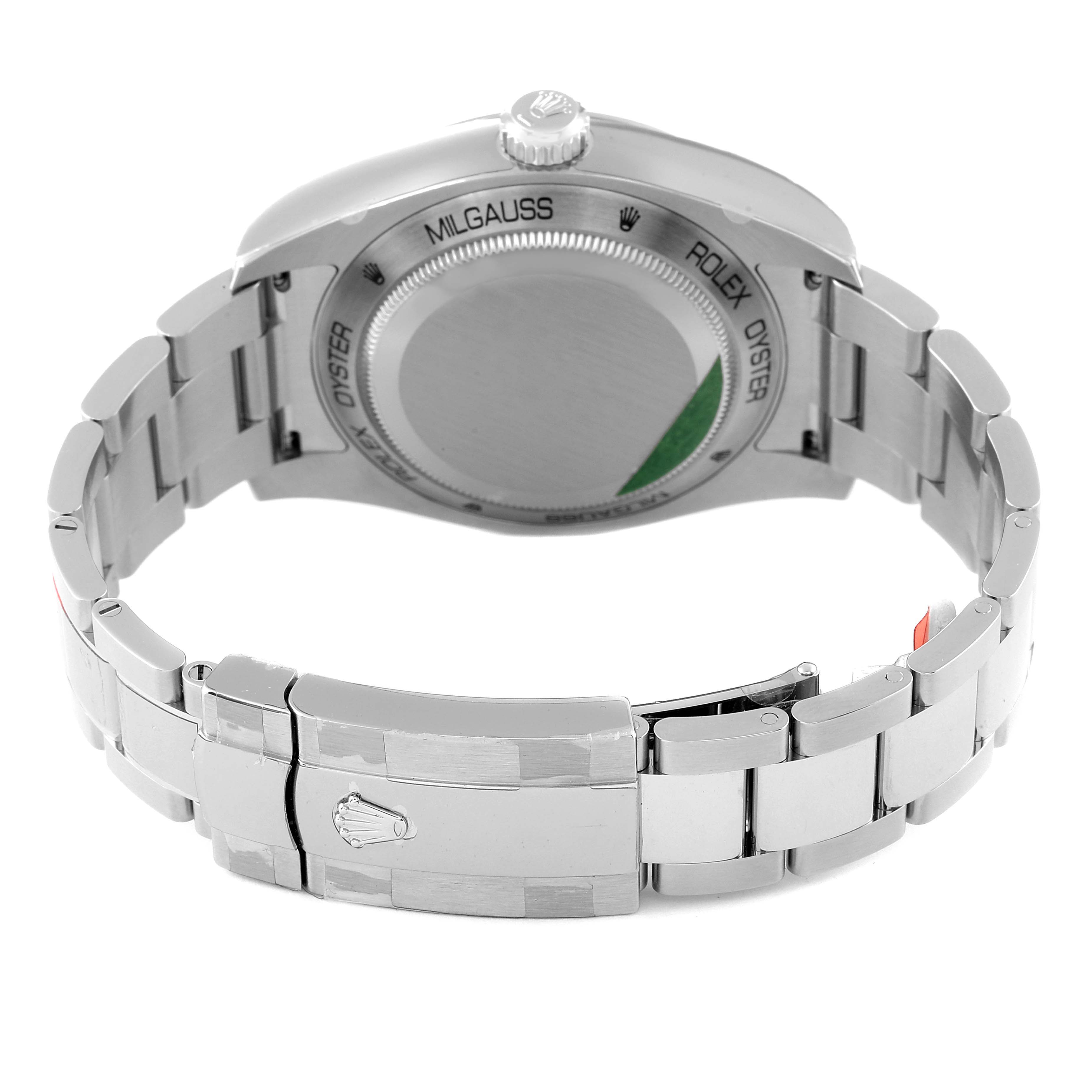 This image shows the back view of a Rolex Milgauss 116400GV Men
s Stainless Steel Blue Dial 116400GV Men
s Stainless Steel Blue Dial watch, highlighting the case back and metal bracelet with the clasp partially open.