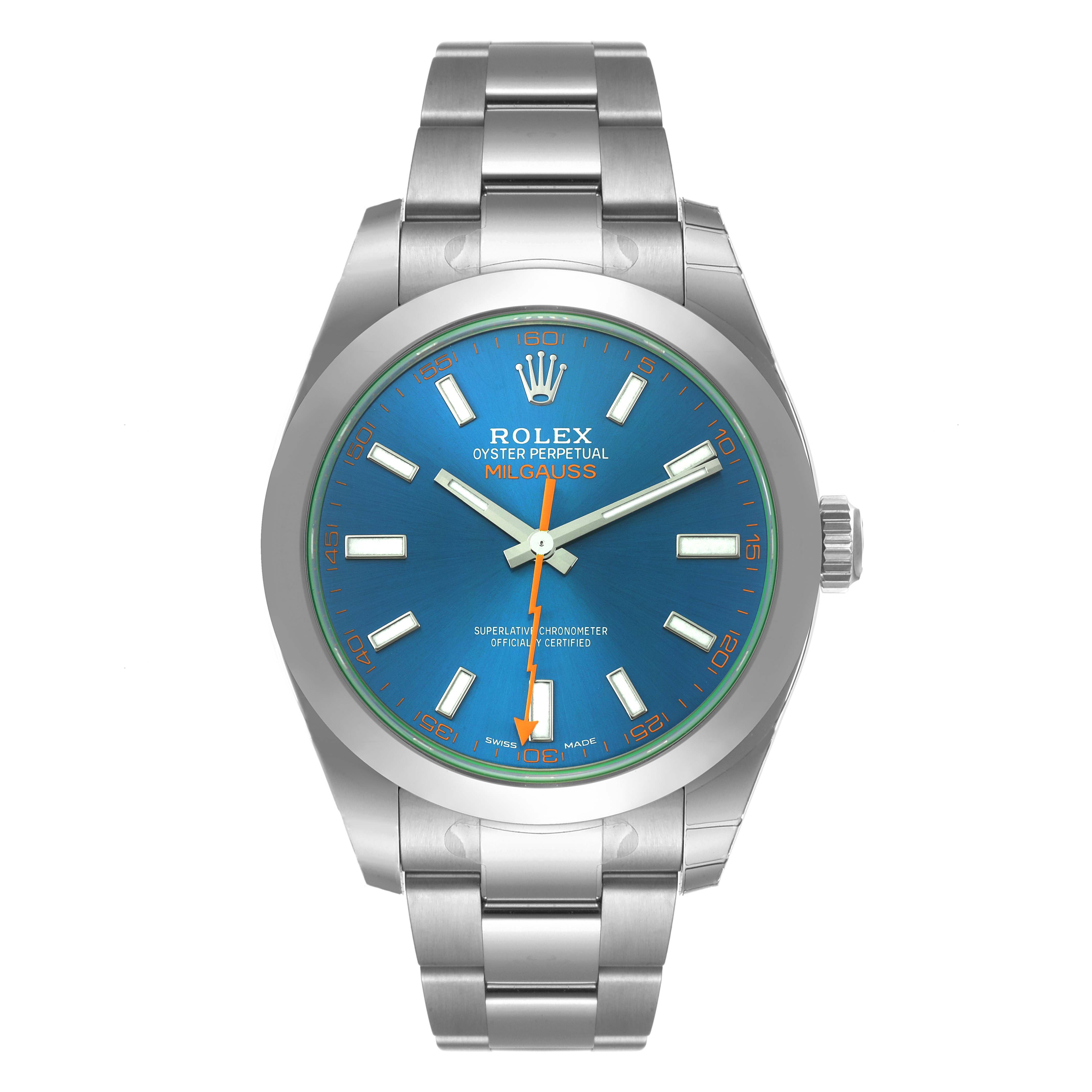 This image shows a front view of the Rolex Milgauss 116400GV Men
s Stainless Steel Blue Dial 116400GV Men
s Stainless Steel Blue Dial watch, featuring its blue dial and stainless steel bracelet.