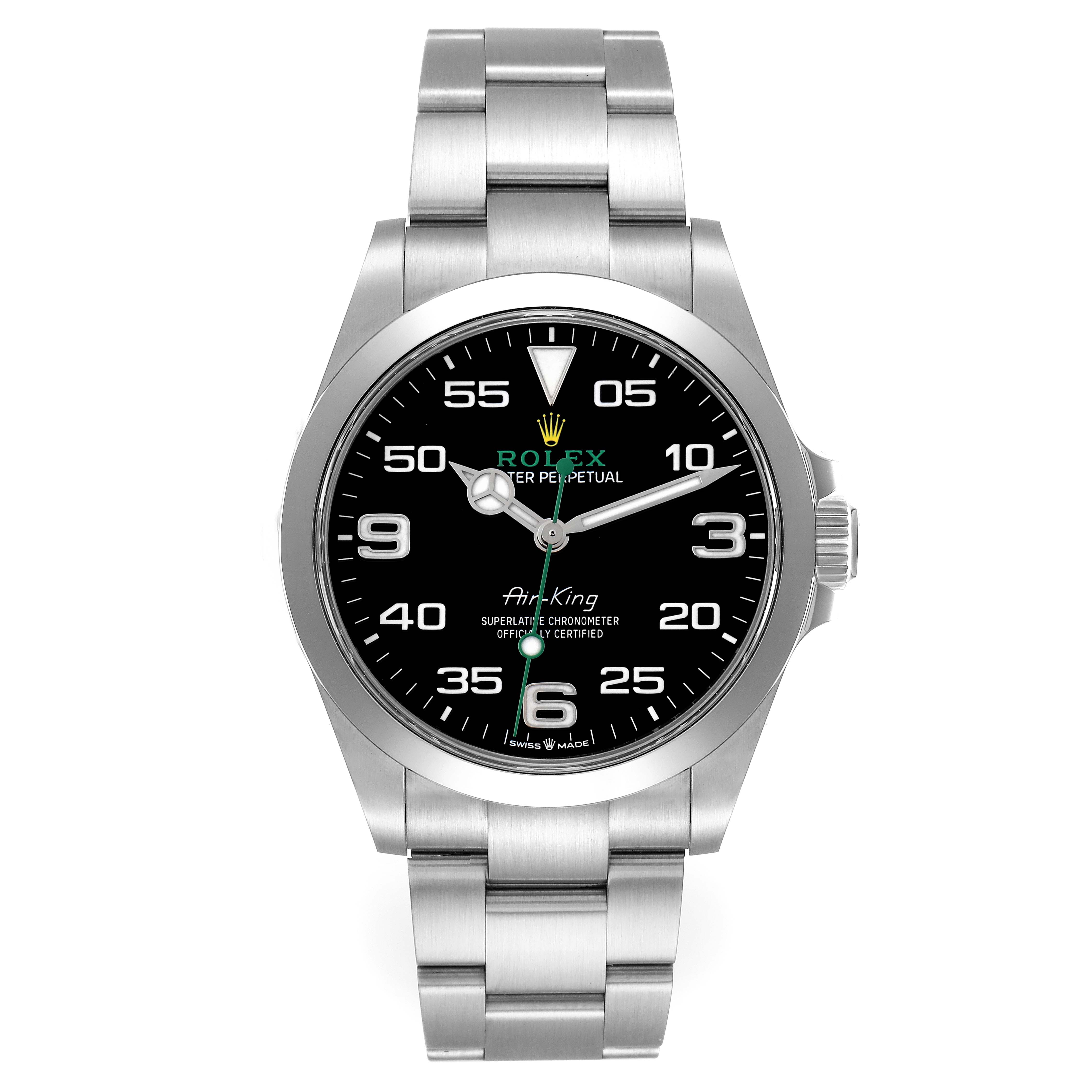 The image shows a front view of the Rolex Air-King model number 126900, displaying the dial, bezel, bracelet, and crown.