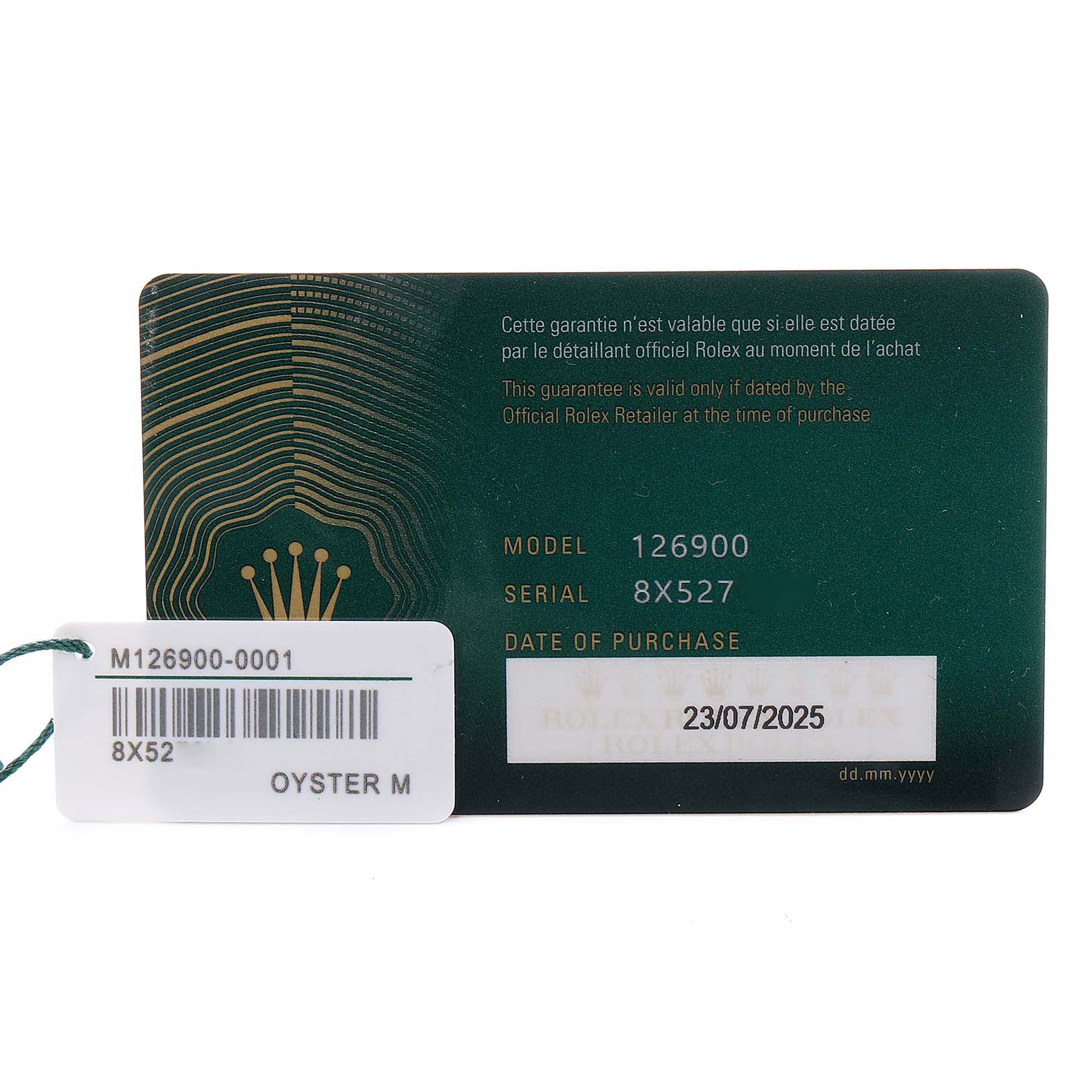 The image shows a warranty card and tag for the Rolex Air-King model 126900, highlighting model and serial numbers, and purchase date.